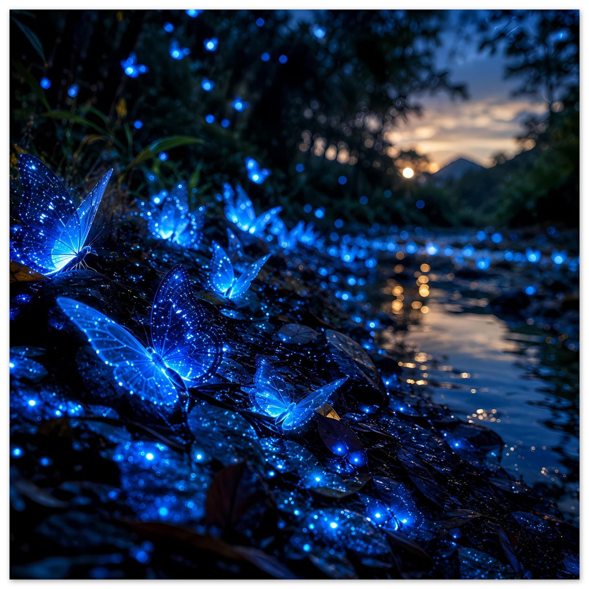 Poster mit leuchtendem blauem Schmetterling, funkelnde Lichtpunkte im Motiv