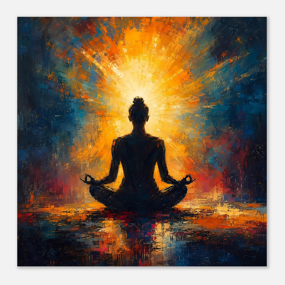 Quadratisches Poster mit Meditationssilhouette, gelber Strahlenkranz, abstrakte Farbflächen
