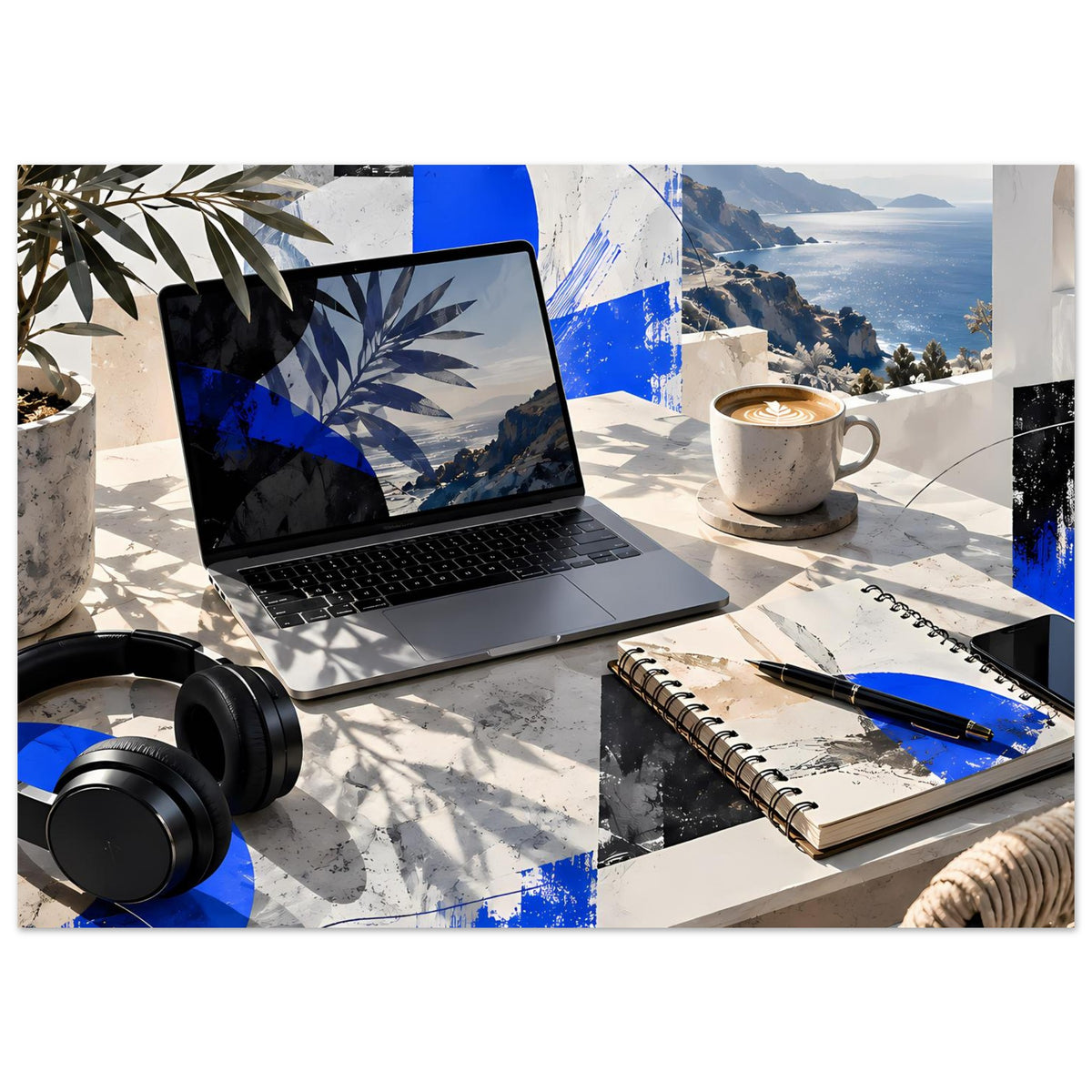 Querformatiges Poster mit Kopfhörern, Laptop, Tasse und blauem Küstenmotiv