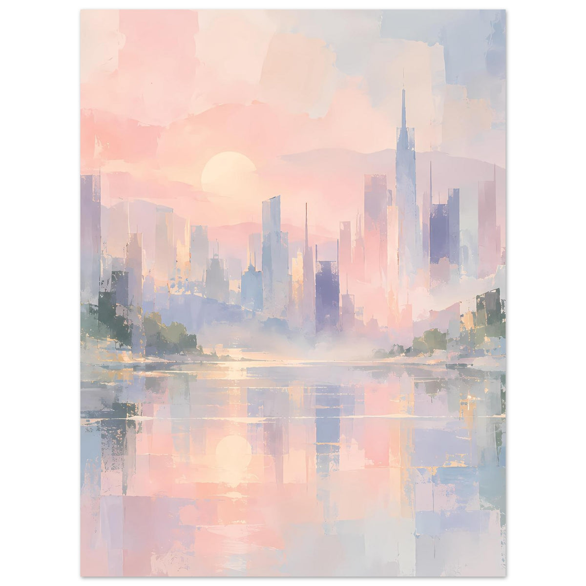 Abstraktes Poster: Skyline in Pastellfarben mit Sonnenball und Spiegelung im Wasser, hoch
