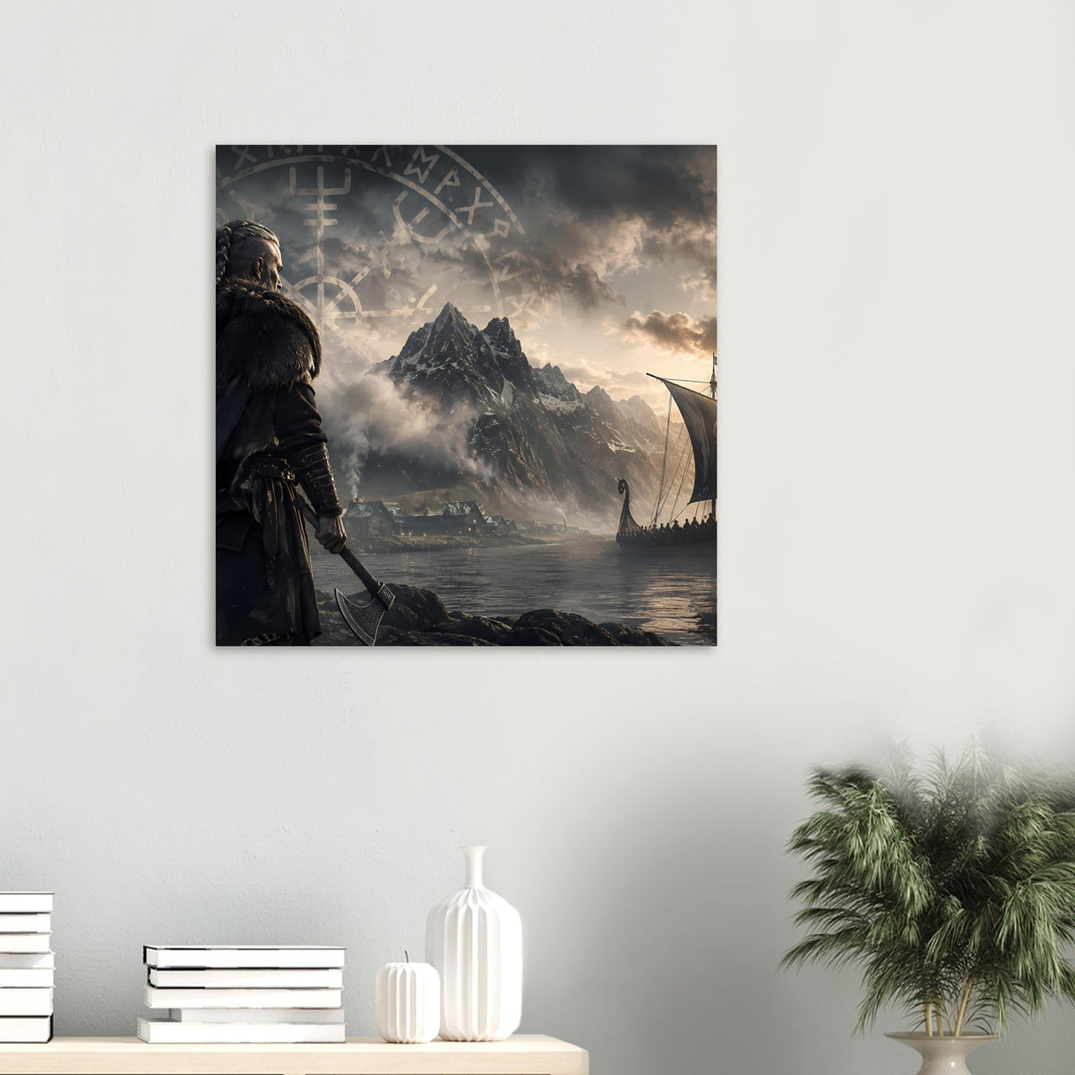Wikingerkrieger-Poster mit Langschiff und mystischen Runen über Fjordlandschaft