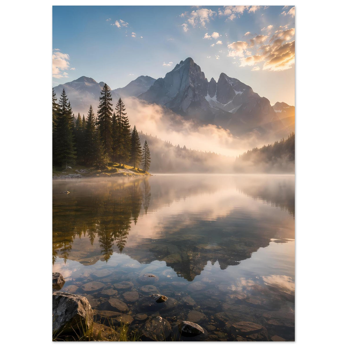 Vertikales Poster mit Bergmassiv, Tannenbäumen, Nebel über dem See und warmem Himmel