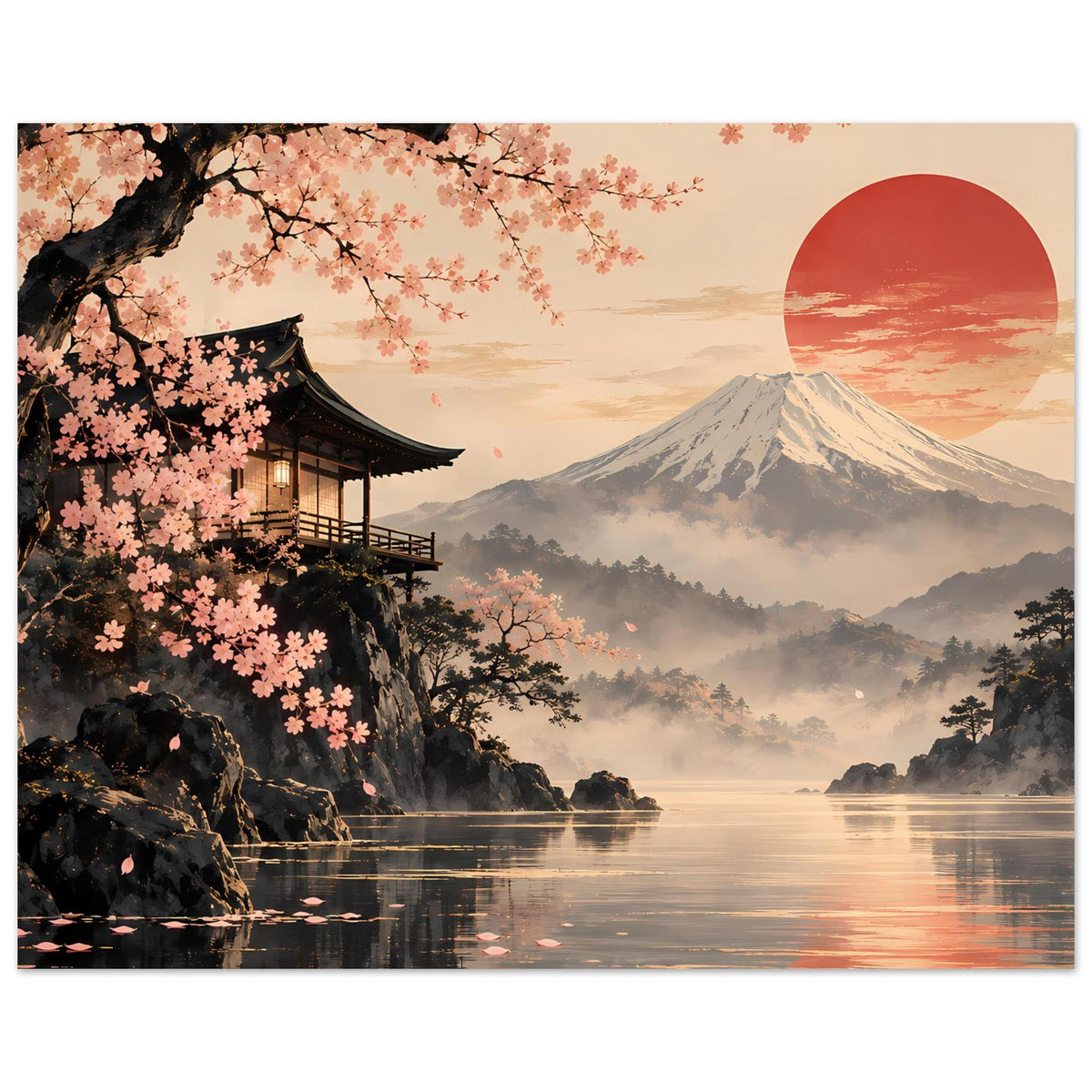 Horizontales Poster: Kirschblüten am Tempel, Berg Fuji und rote Sonne über See mit Reflexionen