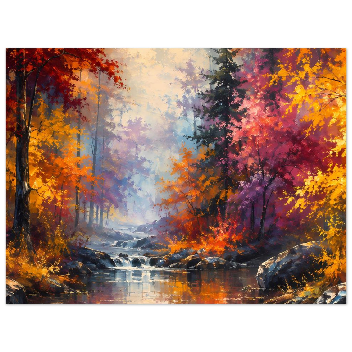 Querformatiges Poster mit Herbstwald und Fluss, großer Wasserfall, orange, pink und violett