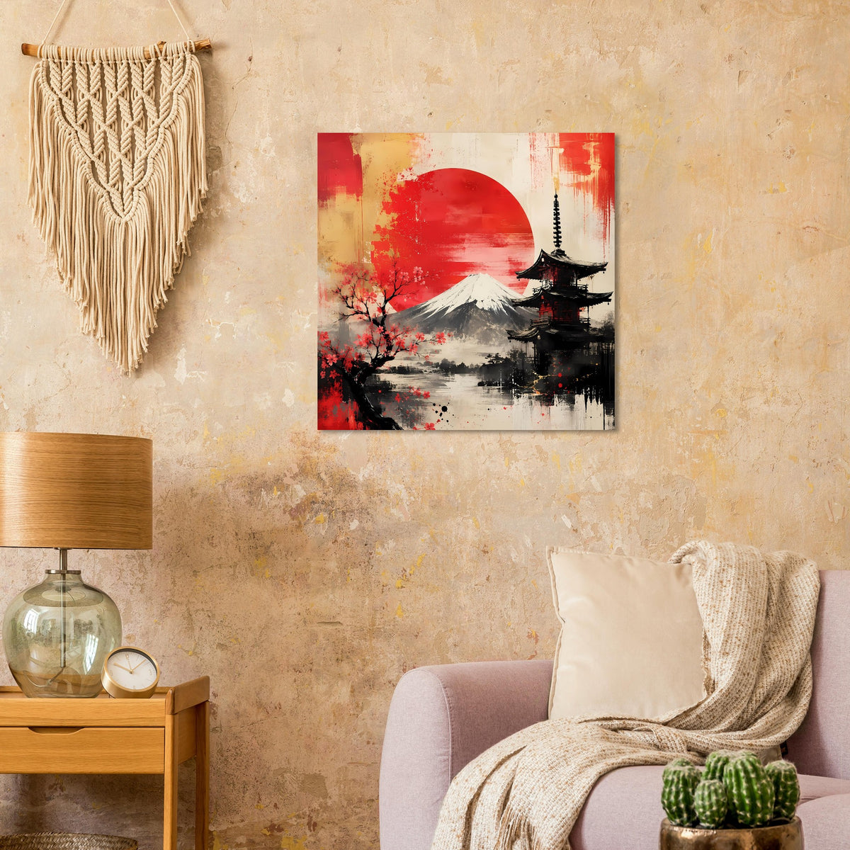 Wandposter mit roter Sonne, Fuji und Pagode, im Wohnzimmer aufgehängt, rote und graue Farben