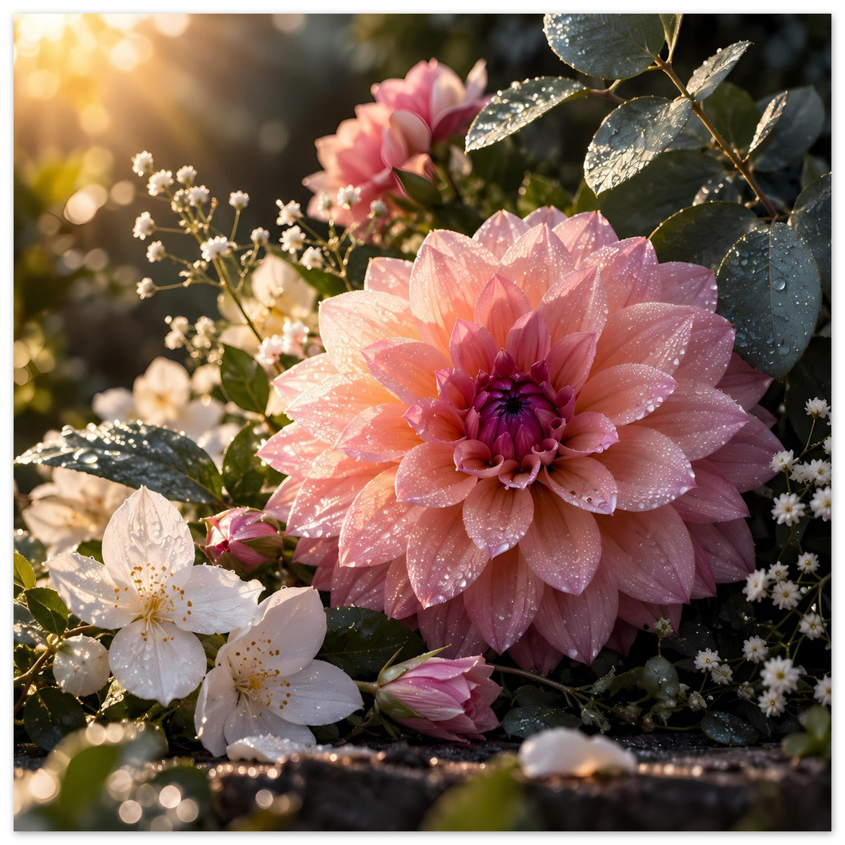 Blumenposter vertikal mit rosa Blüte, weißen Blüten und Wassertropfen an Blättern