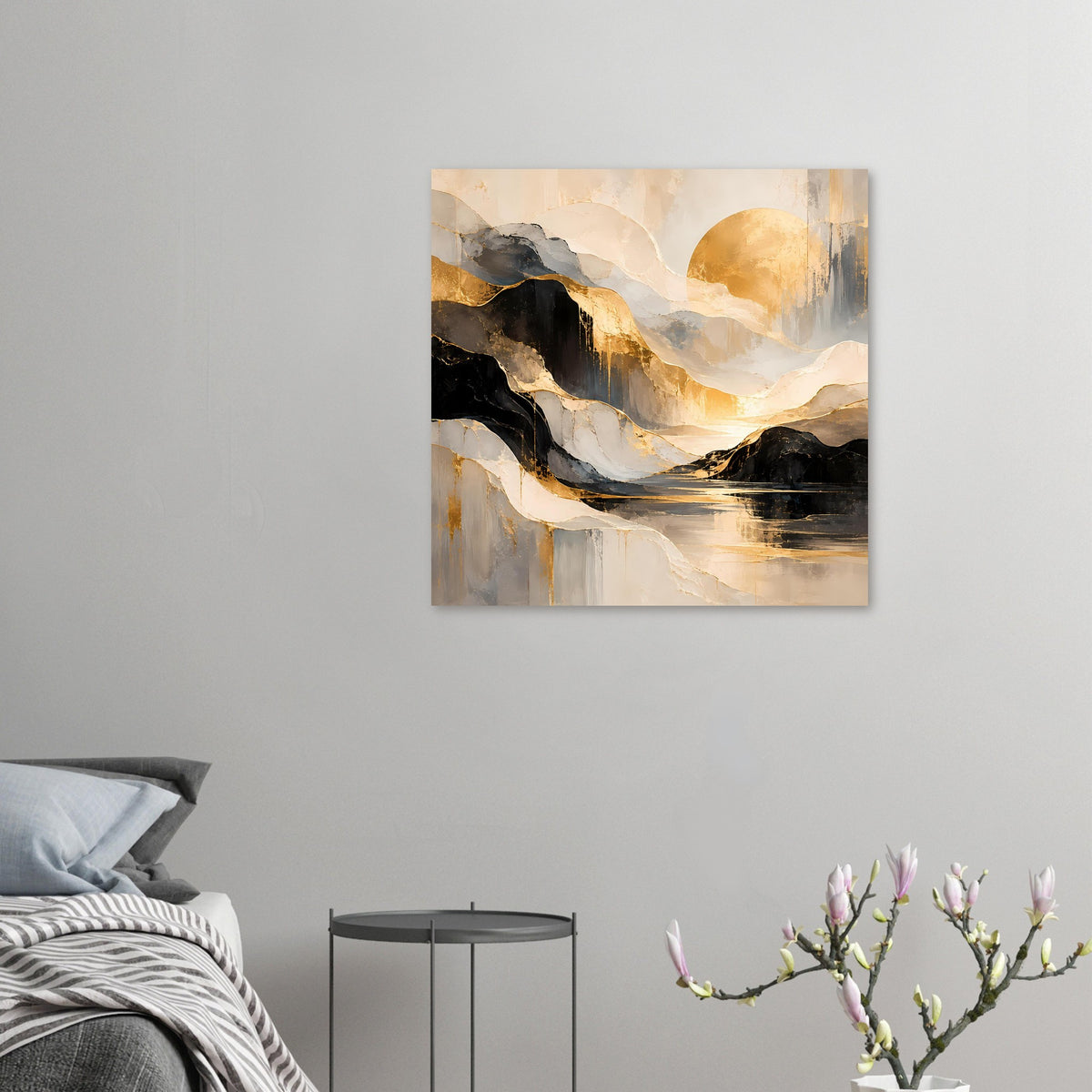 Kleines abstraktes Kunstposter: gold-schwarze Wellen und Adern, rechteckiger Bildausschnitt