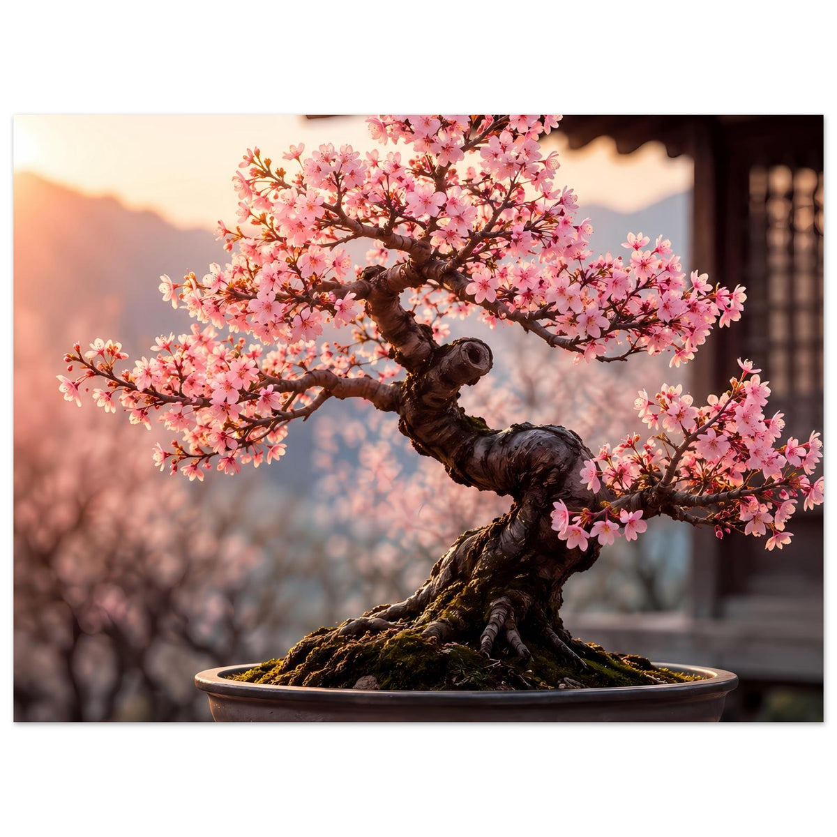 Poster im Hochformat: Bonsai mit rosa Blüten, gewundenem Stamm und dunkler Schale