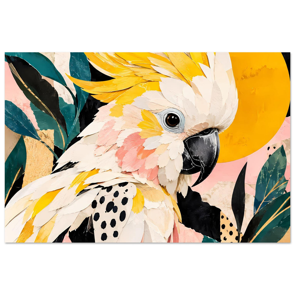 Kakadu-Kunstposter mit Blick auf Auge und Schnabel sowie Blätterornamenten in Grün und Gelb