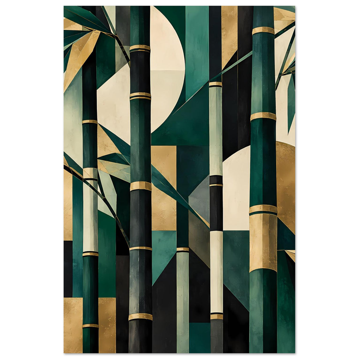 Abstraktes Bambus-Naturposter in Smaragdgrün, Gold und Creme mit Blättern und Bambusstäben