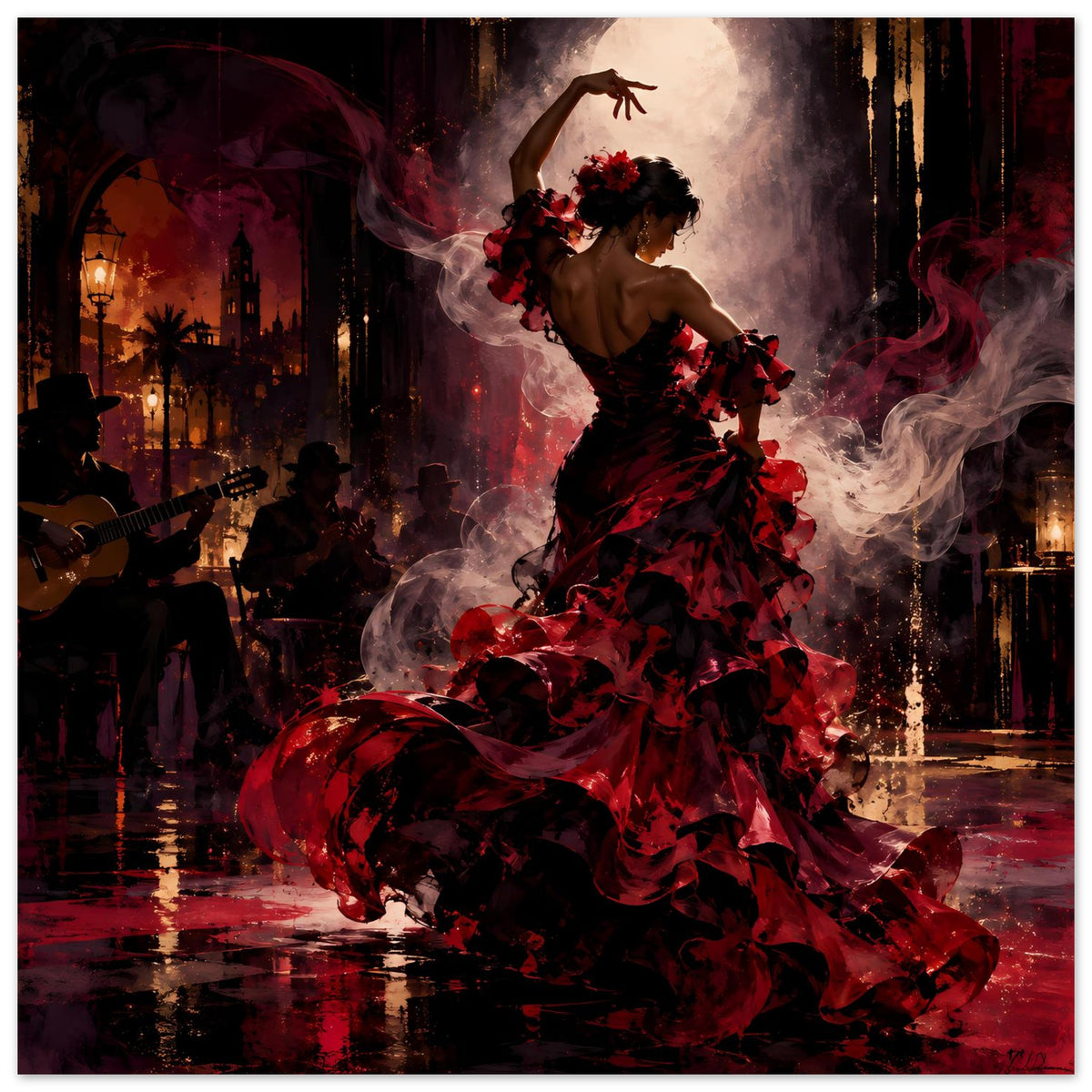 Poster im Querformat mit Flamenco-Tänzerin in rotem Kleid und dekorativem Blumenkranz
