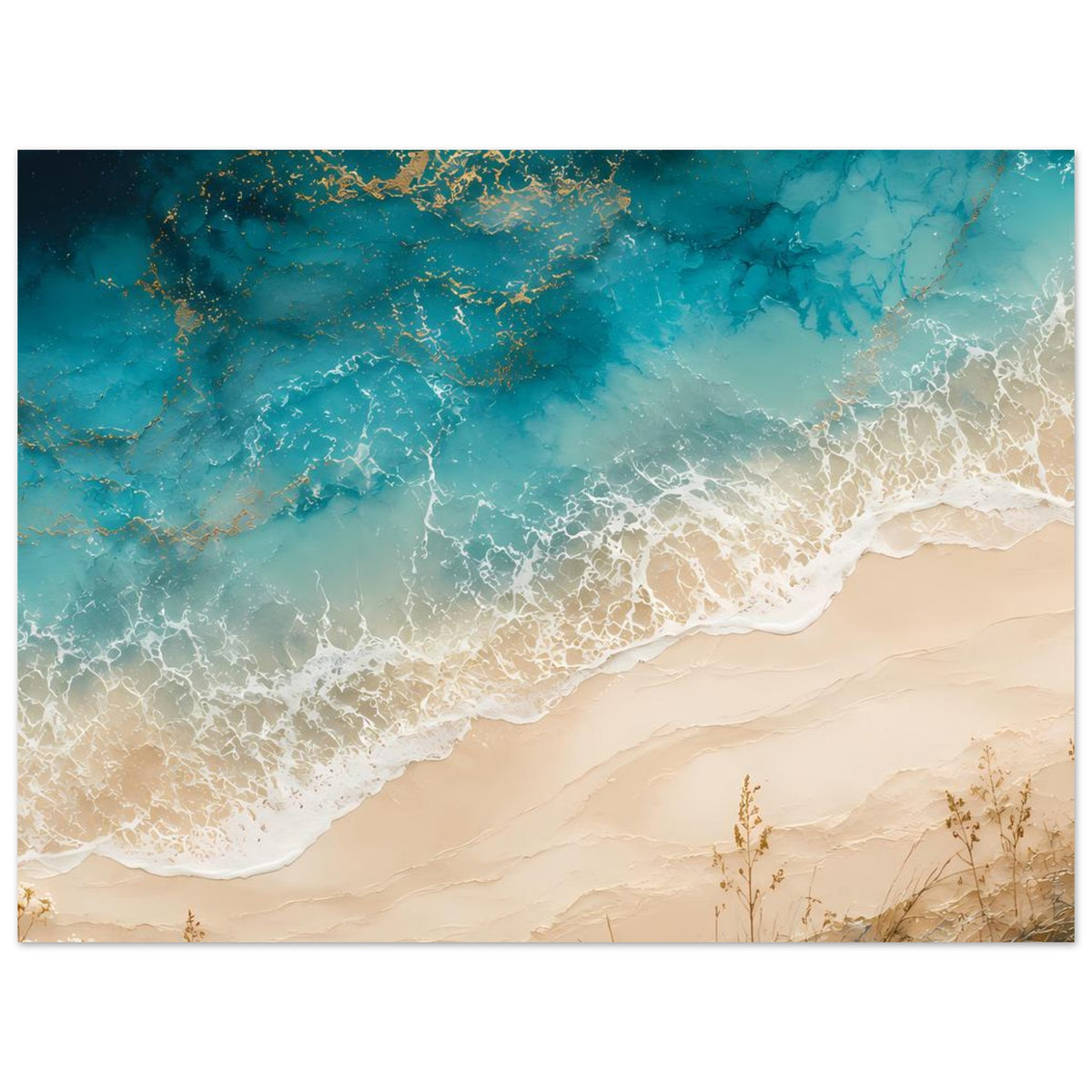 Strandposter horizontal: türkisfarbenes Meer, weiße Gischt und beiger Strand mit Gräsern