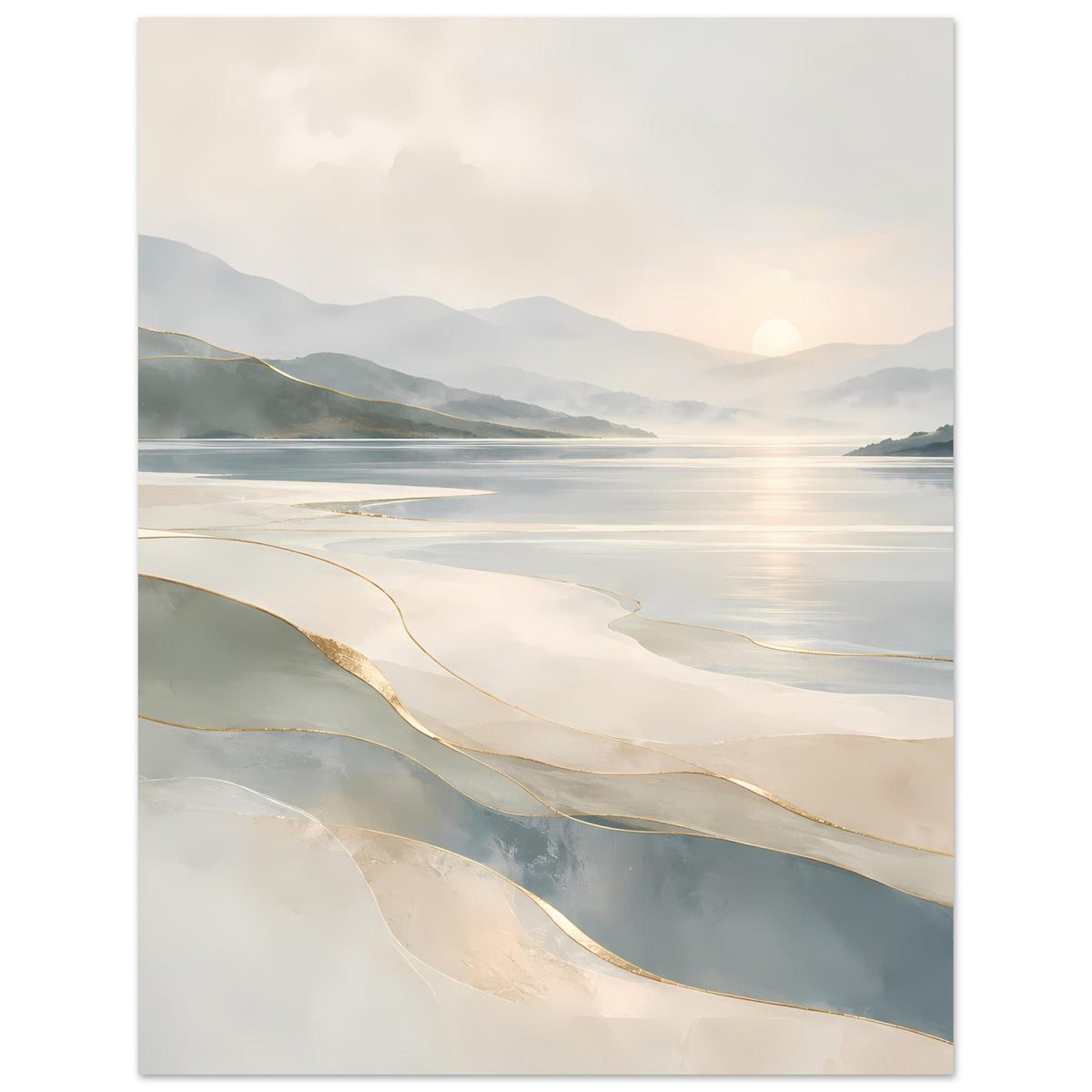 Poster mit Meerblick und Dünen in Beige und Grau, durch goldfarbene Linien betont