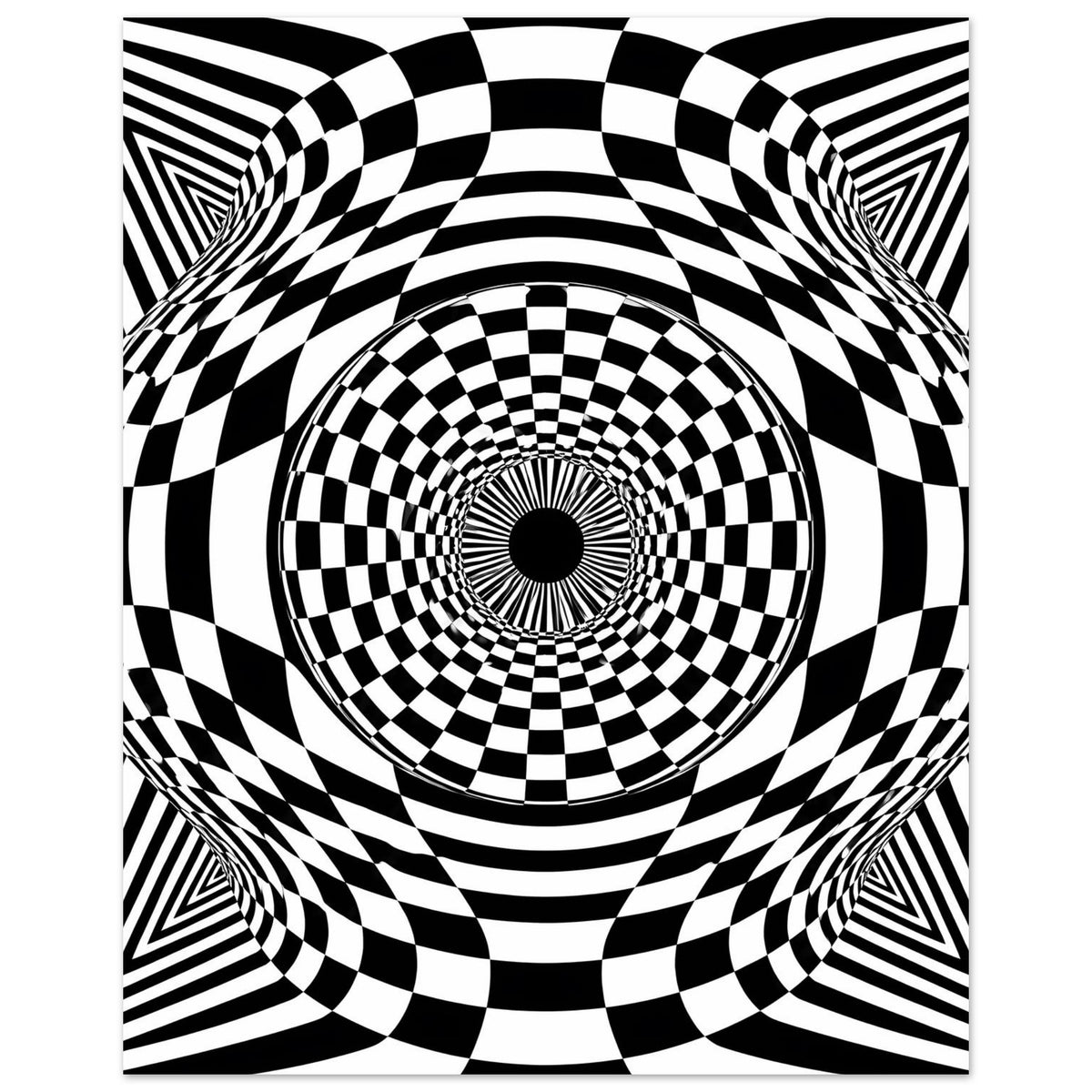 Vertikales Poster mit hypnotischem Schwarz-Weiß-Schachbrett-Motiv und kreisförmiger Spirale