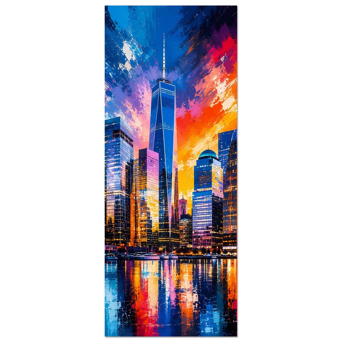 Hochkant-Poster mit Skyline, leuchtende Türme und Spiegelung im Wasser