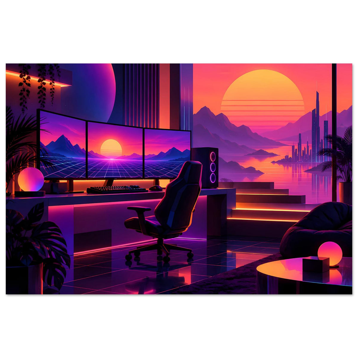 Neon-Retro-Poster: Neon-Sonnenuntergang über Bergen, Glasboden-Spiegelungen und Sitzecke