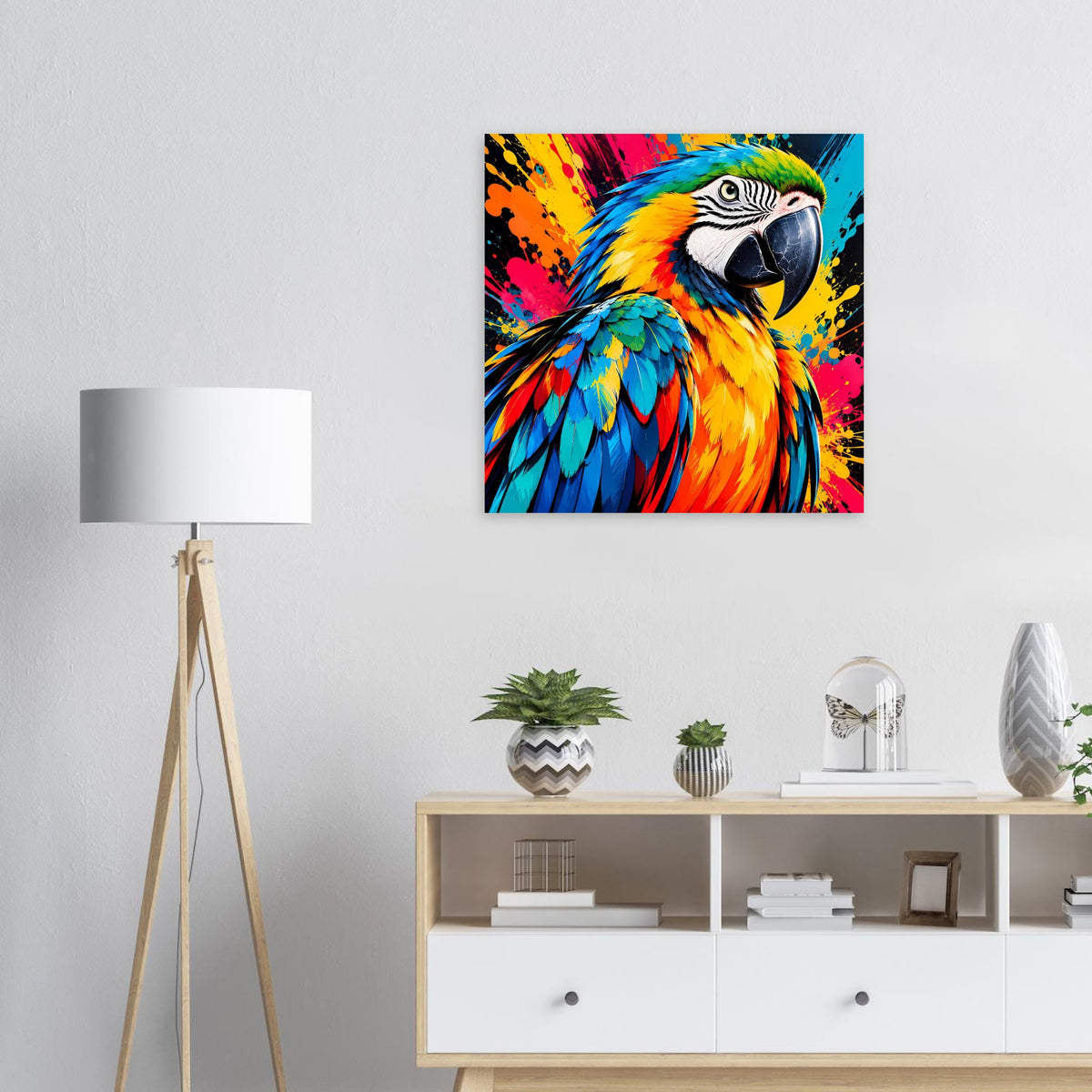 Buntes Papageien-Splash-Art-Poster mit Nahaufnahme des Kopfes