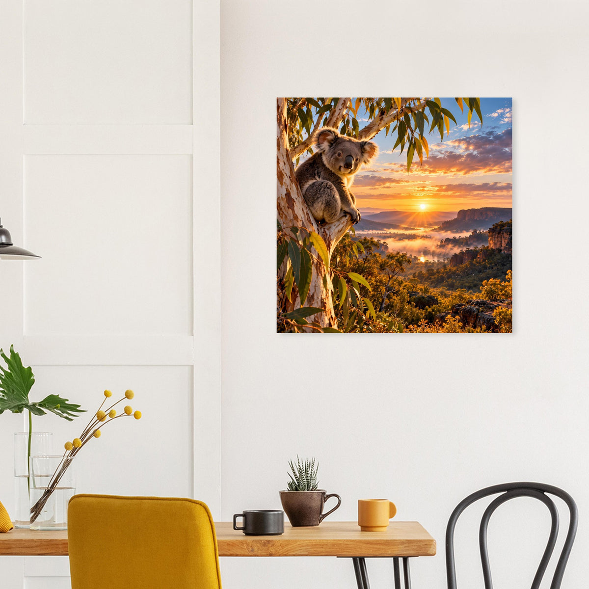 Quadratisches Koala-Sonnenuntergangs-Poster: Tier auf Zweig, warme Farben im Landschaftshimmel