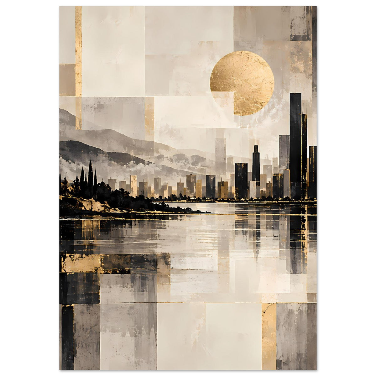 Stadtlandschaftsposter im Hochformat, goldene Akzente, Skyline rechts und Reflexion