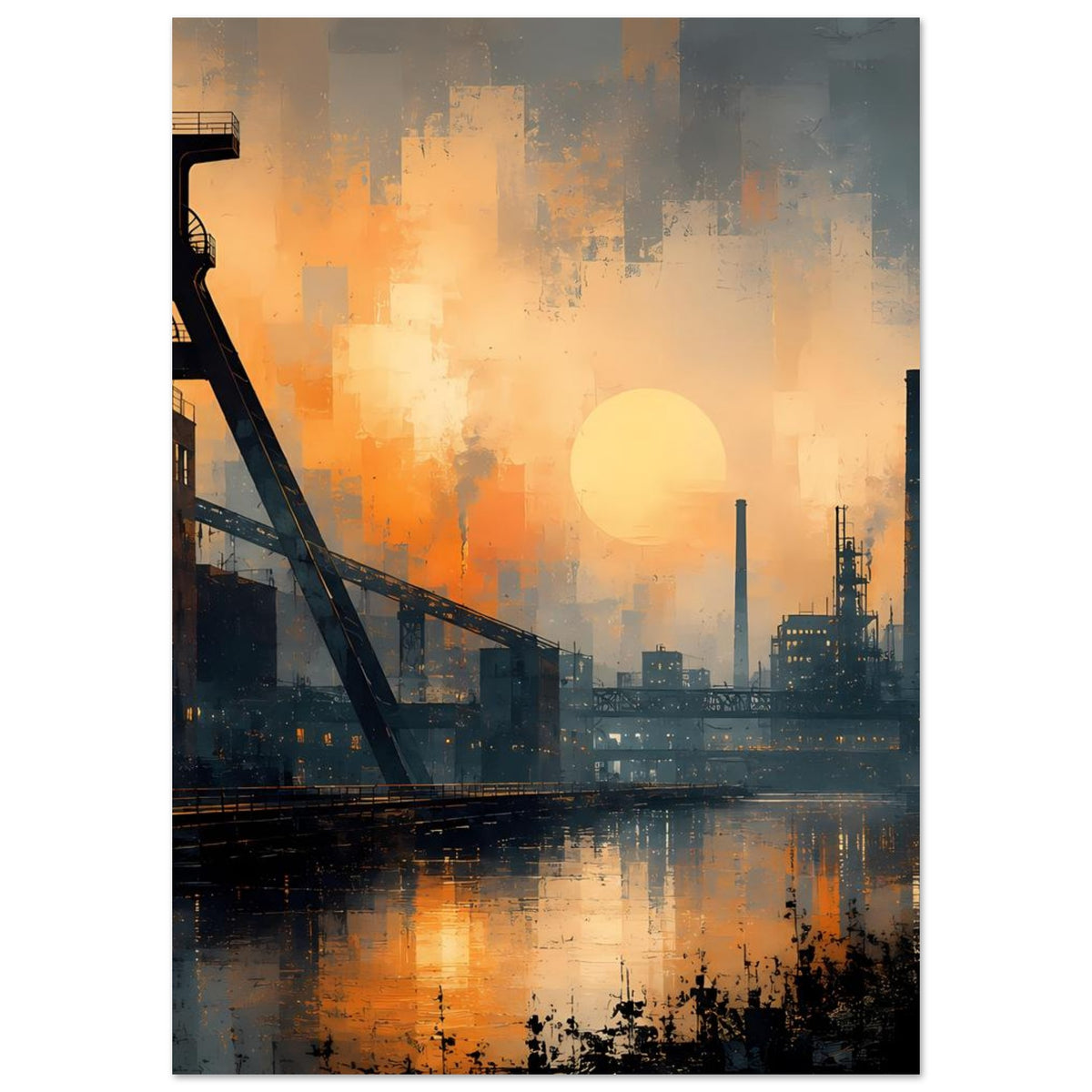 Industriepanorama-Poster im Hochformat: orangefarbene Sonne vor Industrieanlagen und Wasser