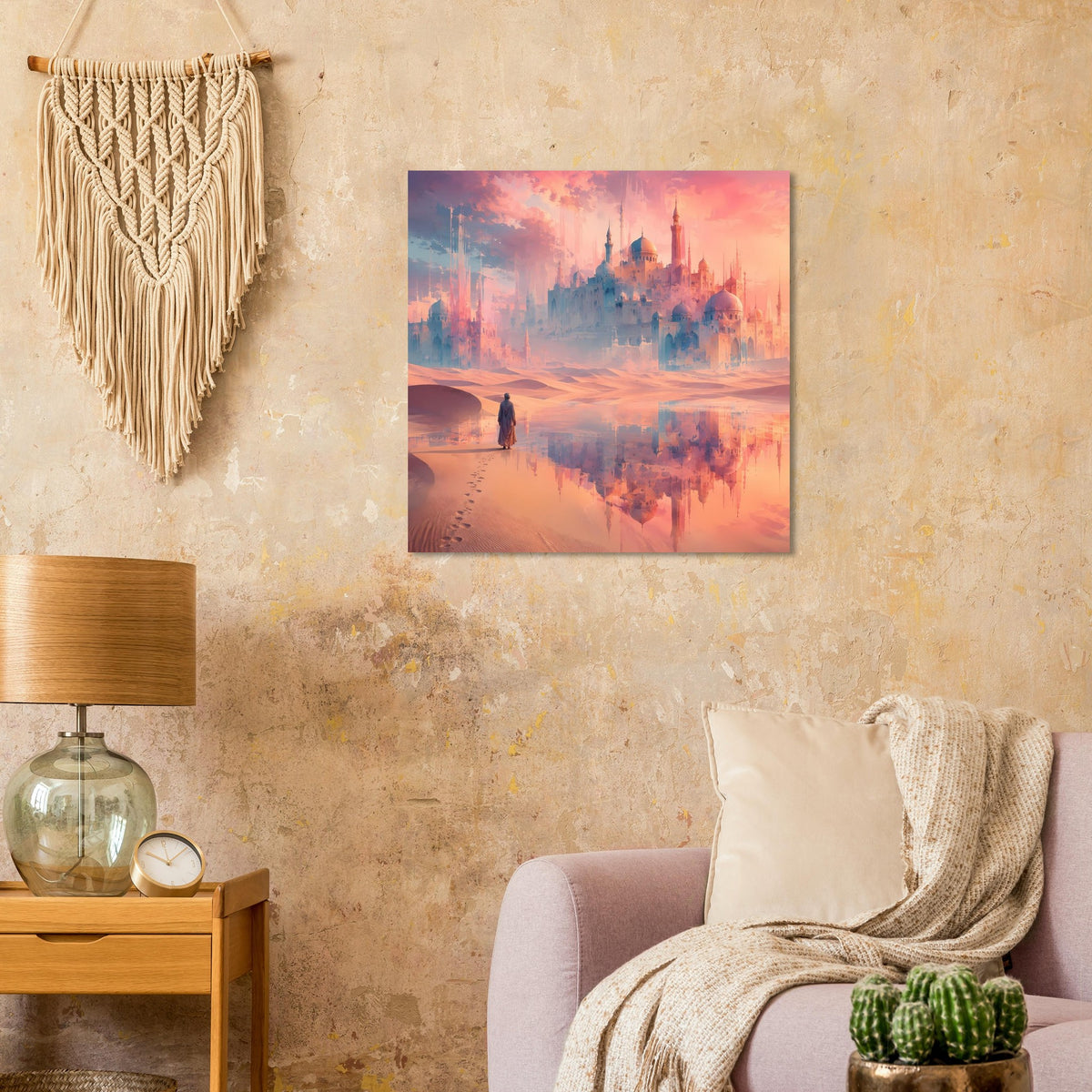 Poster mit orientalischem Schloss, einsamer Person auf Sandweg und Reflexion im Wasser