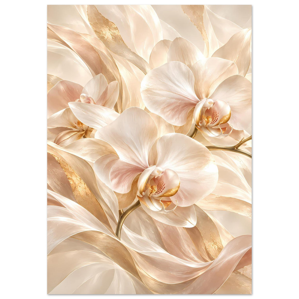 Orchideenposter im Hochformat: weiße Orchideenblüten, goldene Schleier, creme