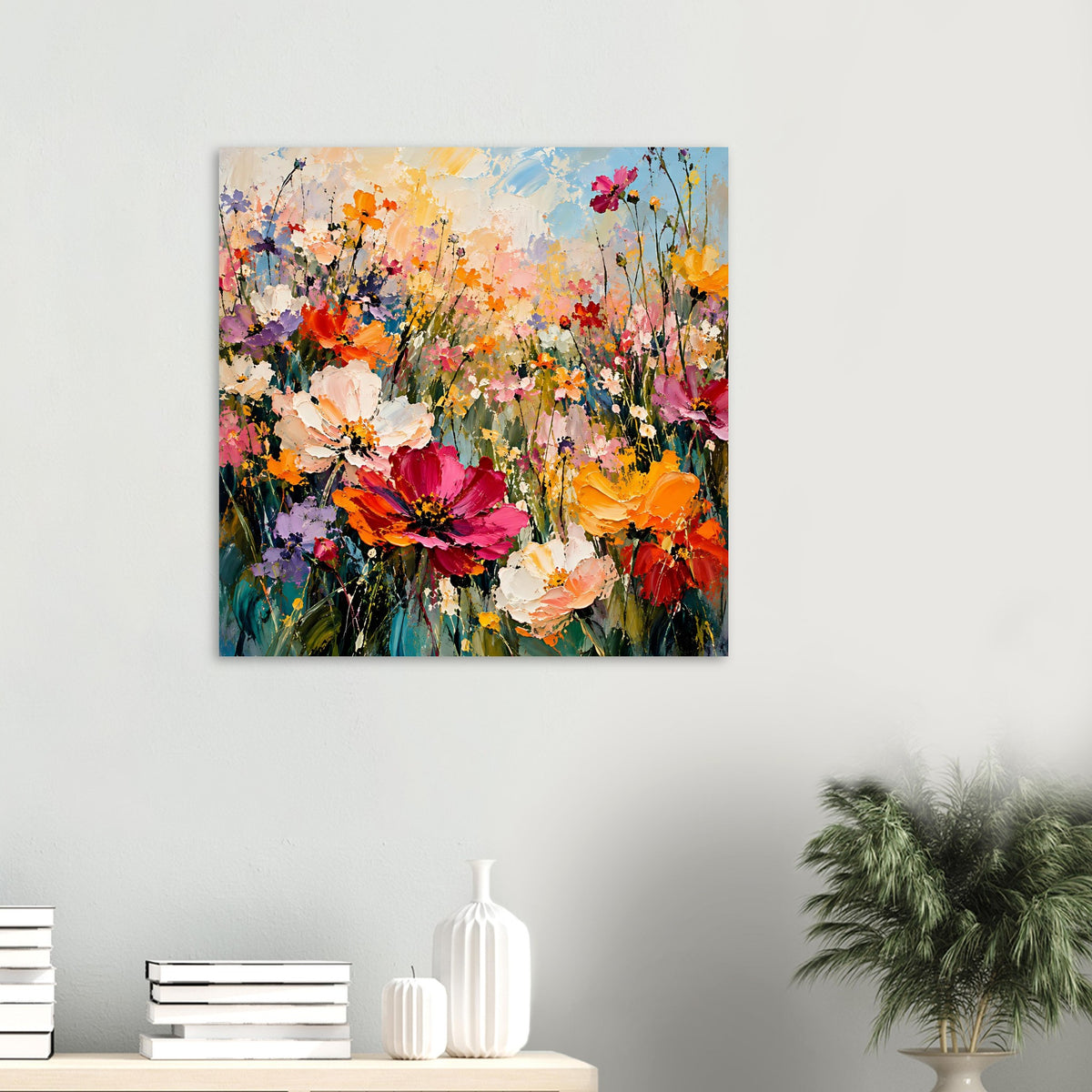 Blumenposter im Querformat mit kräftigen Blüten in Orange, Pink, Rot und Grün