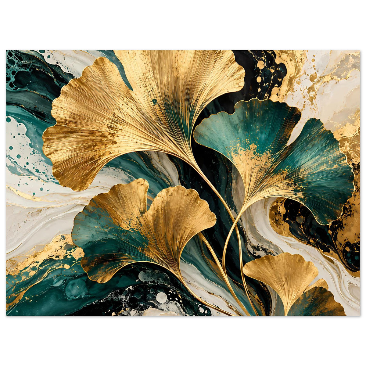 Breites Naturposter mit goldenen Ginkgo-Blättern, türkisgrünem Hintergrund und marmorierten Akzenten