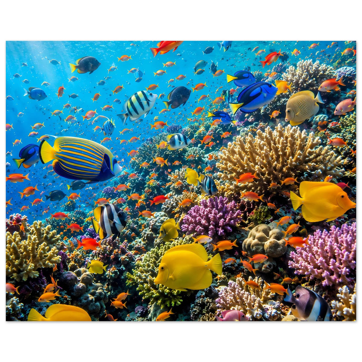 Horizontales Poster mit Unterwasserwelt: Fische über Korallen, kräftige Farben und Details.