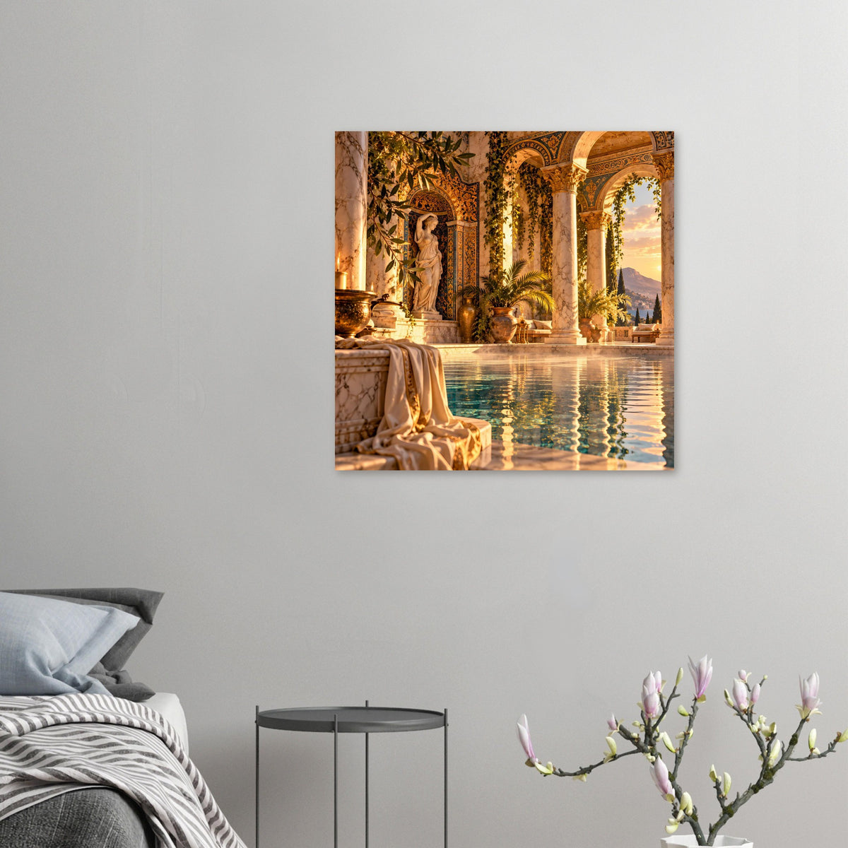 Mediterranes Pool-Poster im Querformat: Säulen, Statue und Wasseroberfläche, gerahmt