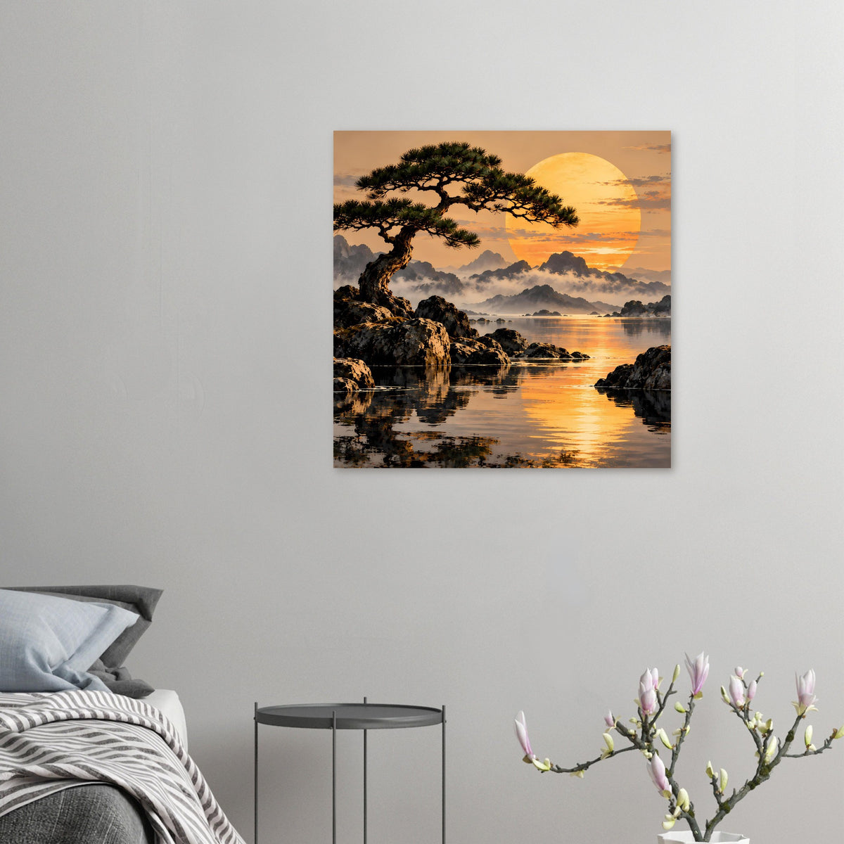 Kleines gerahmtes Landschafts-Poster mit See, Baumkrone, Felsen und Sonnenuntergang