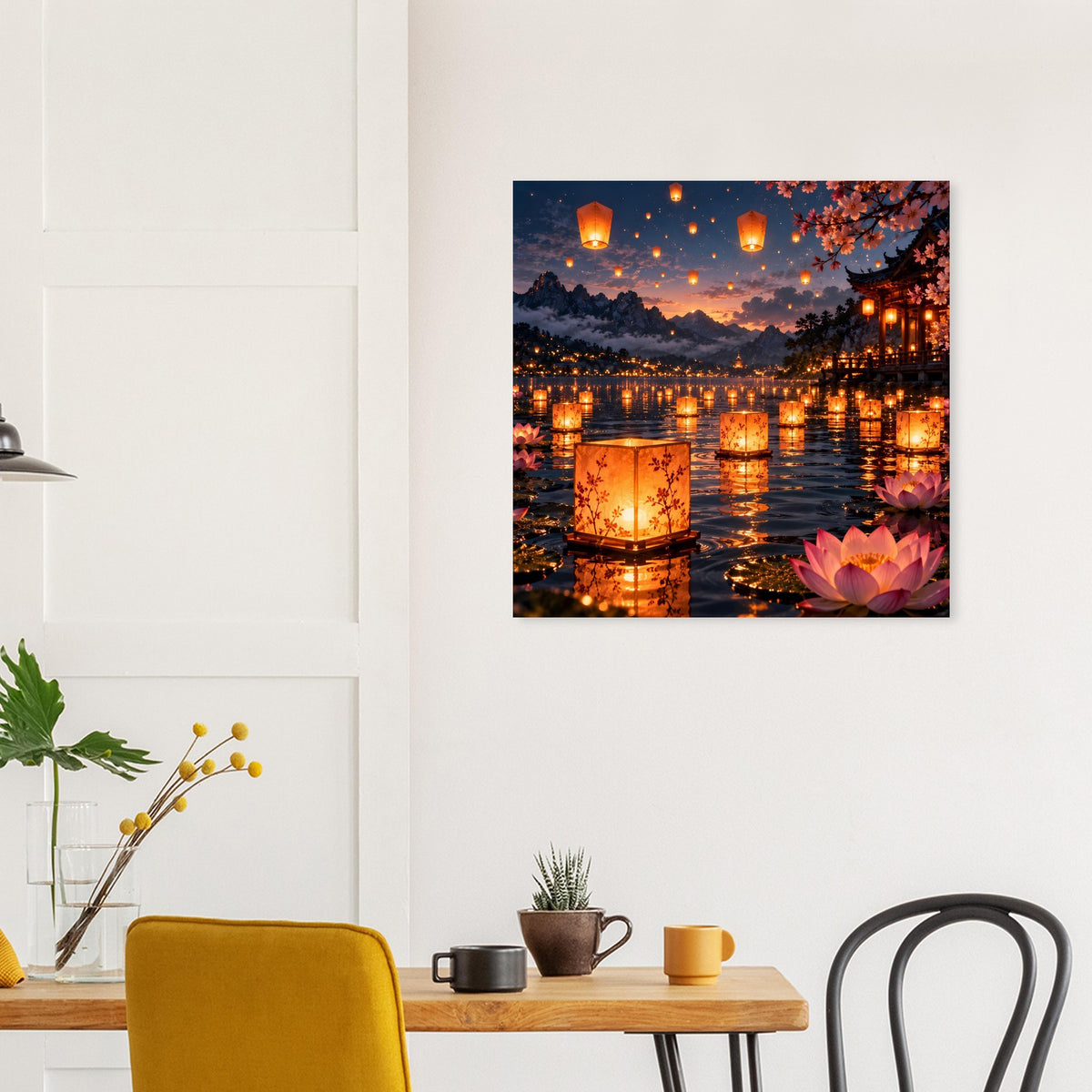 Quadratisches Wandposter mit Flusslichtern und brennender Laterne im Vordergrund