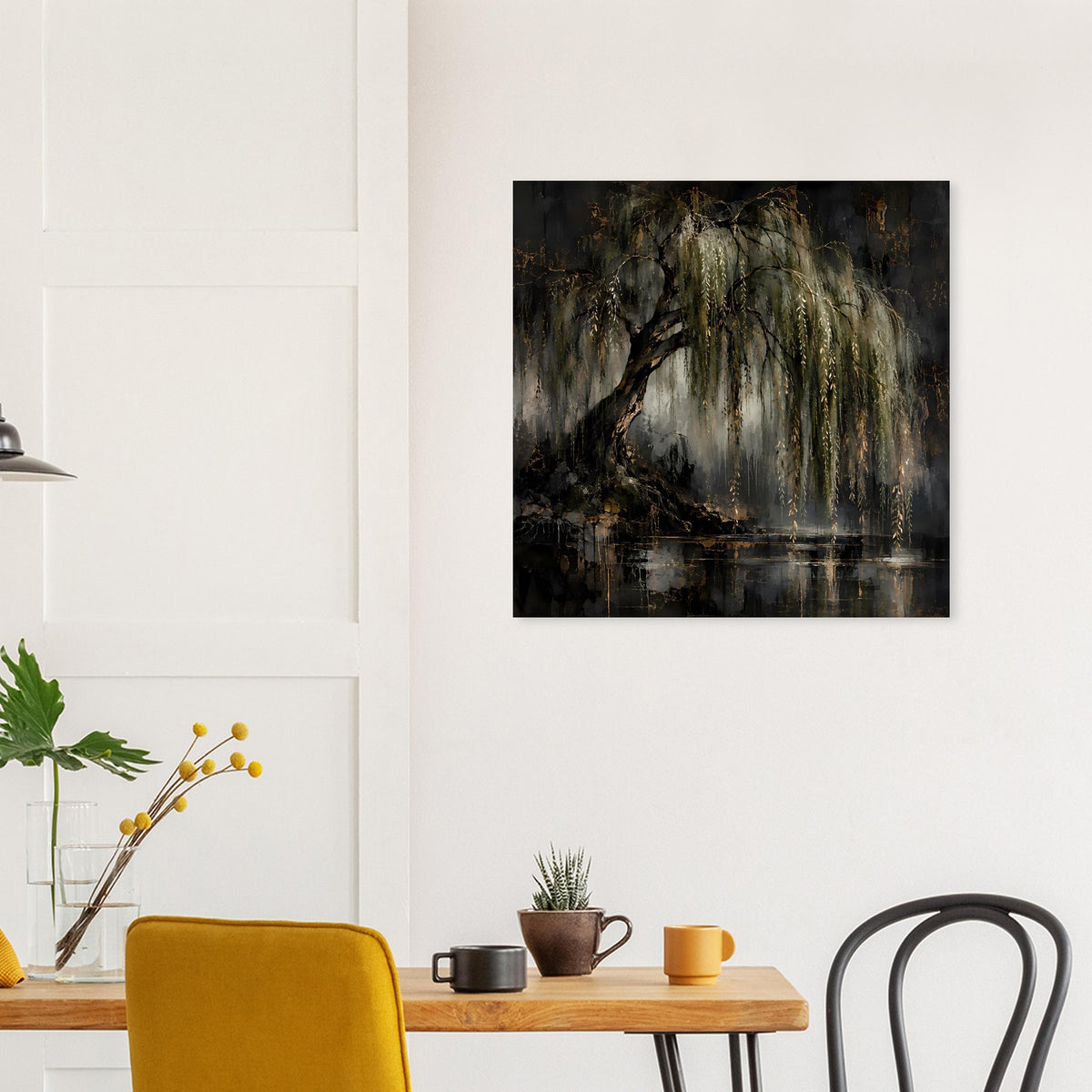 Naturposter mit Trauerweide am Wasser, dunklen Farben und goldenen Lichtspuren