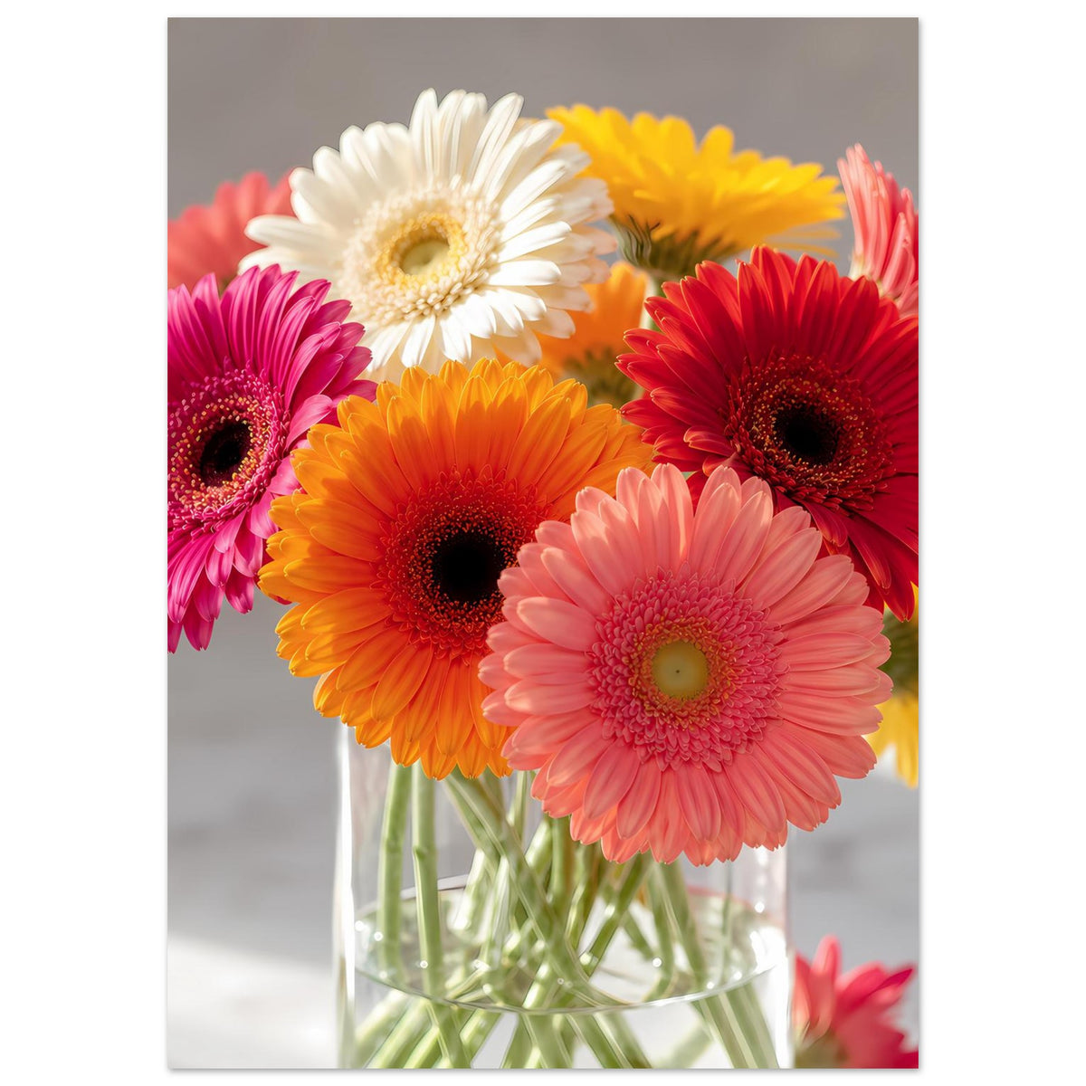 Gerbera-Blumenposter mit bunten Gerbera in Glasvase, Vorderansicht der Köpfe