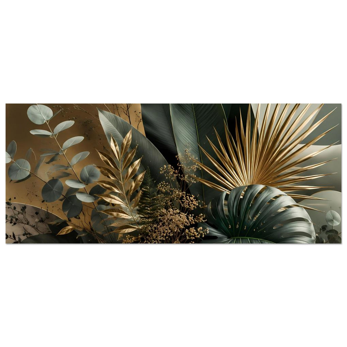 Botanisches Poster im Querformat mit Palmenblatt, goldener Linie, Marmorkugel und Laub