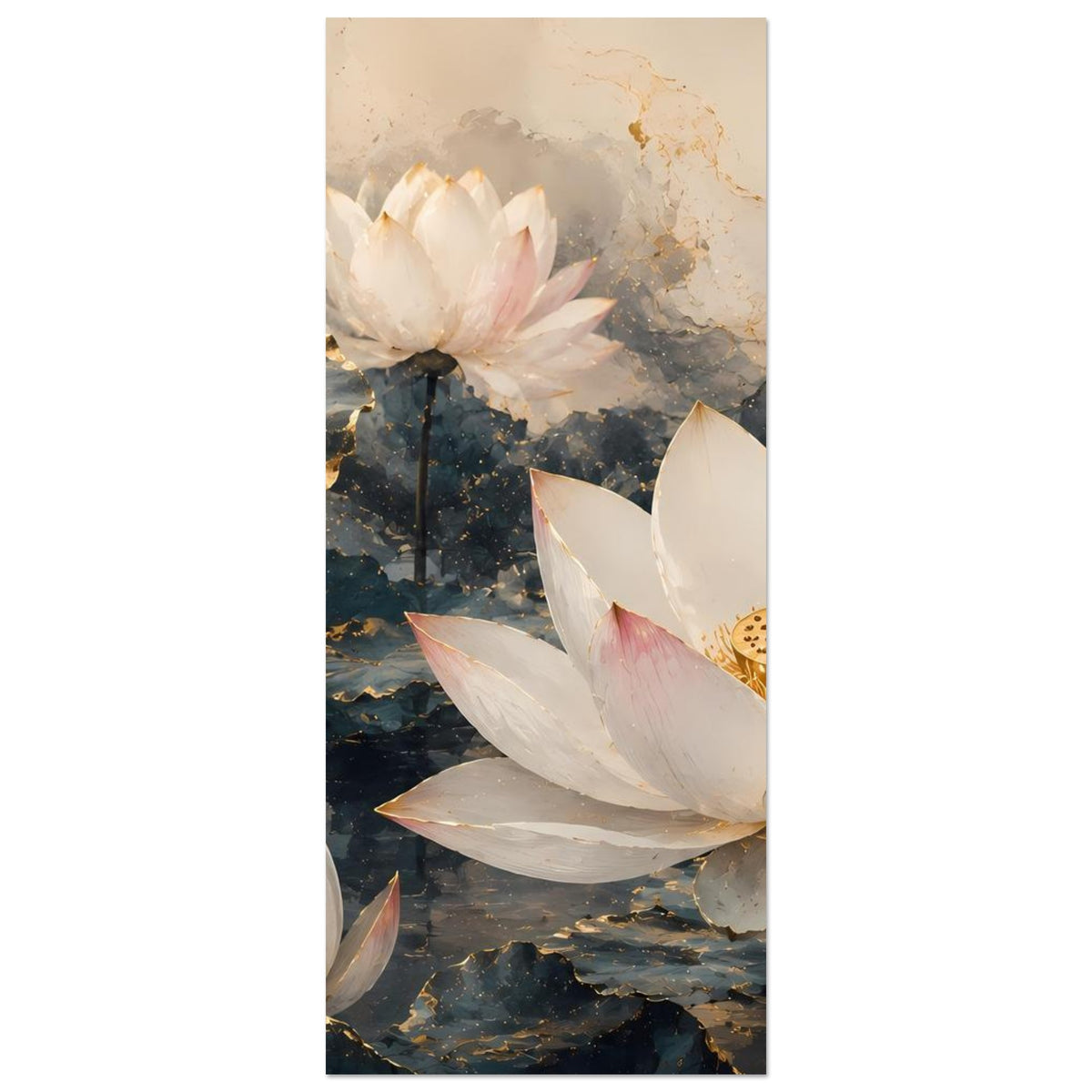 Vertikales Lotusblumen-Poster mit weißer Lotusblüte und goldener Mitte, seitlich angeschnitten