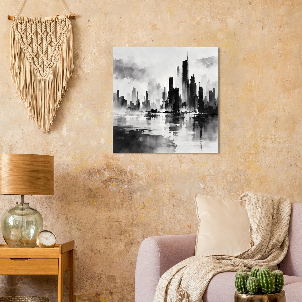 Schwarzweiß-Stadtposter mit dramatischer Skyline und Spiegelung, im quadratischen Rahmen