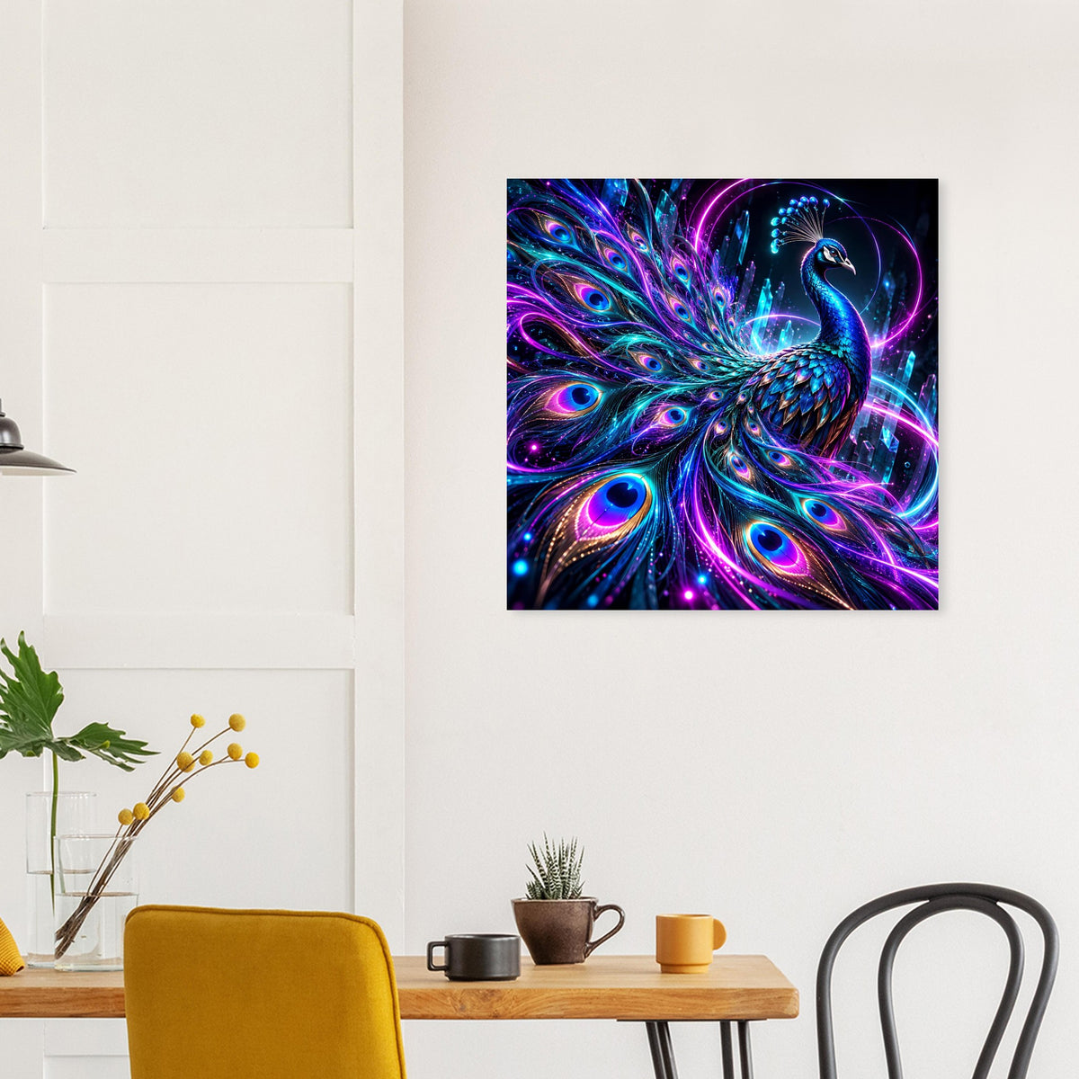 Poster mit leuchtendem Pfau-Motiv in Blau-, Lila- und Pinktönen
