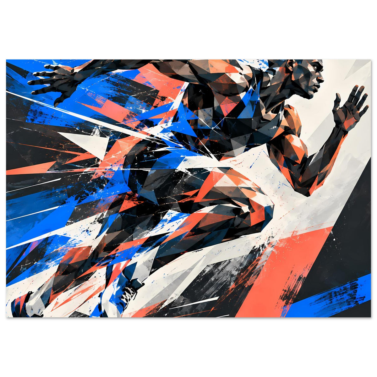 Dynamisches Läuferposter (quer), Fokus auf Kopf und ausgestreckte Hände in Blau-Orange