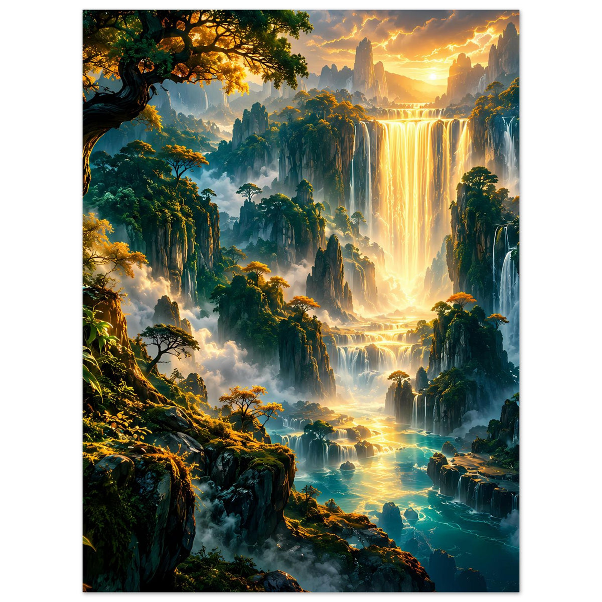 Kunstdruck mit Fantasilandschaft und goldener Wasserfall-Szene, weite Nebeltäler