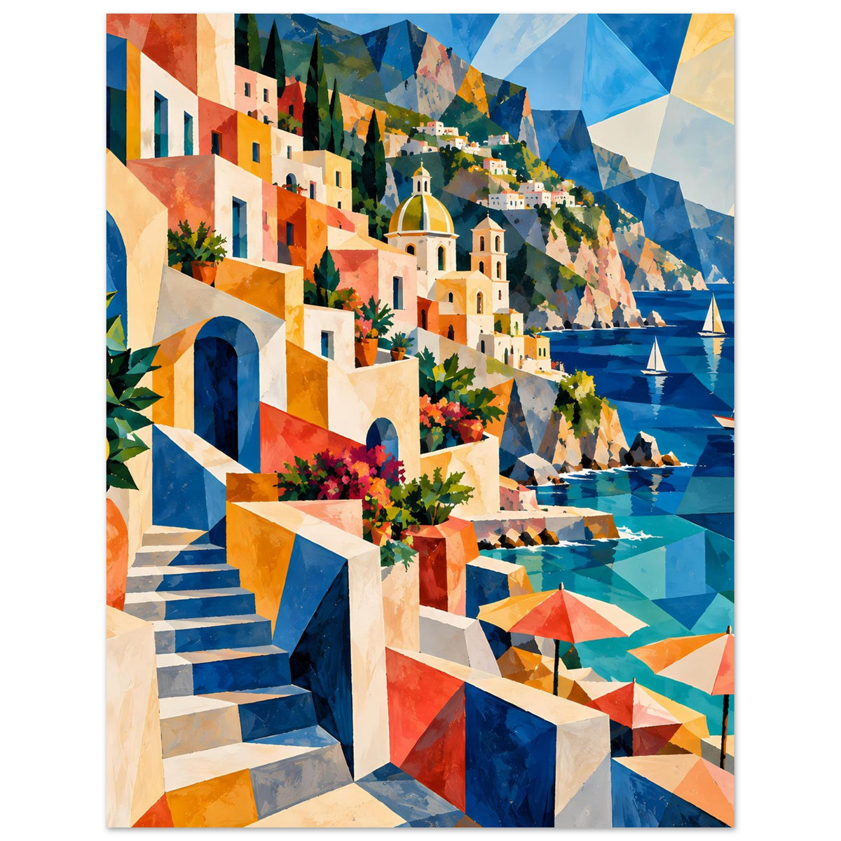 Poster im Hochformat mit Küstenszene: Treppe, Häuser, Kirche und türkisblaues Meer