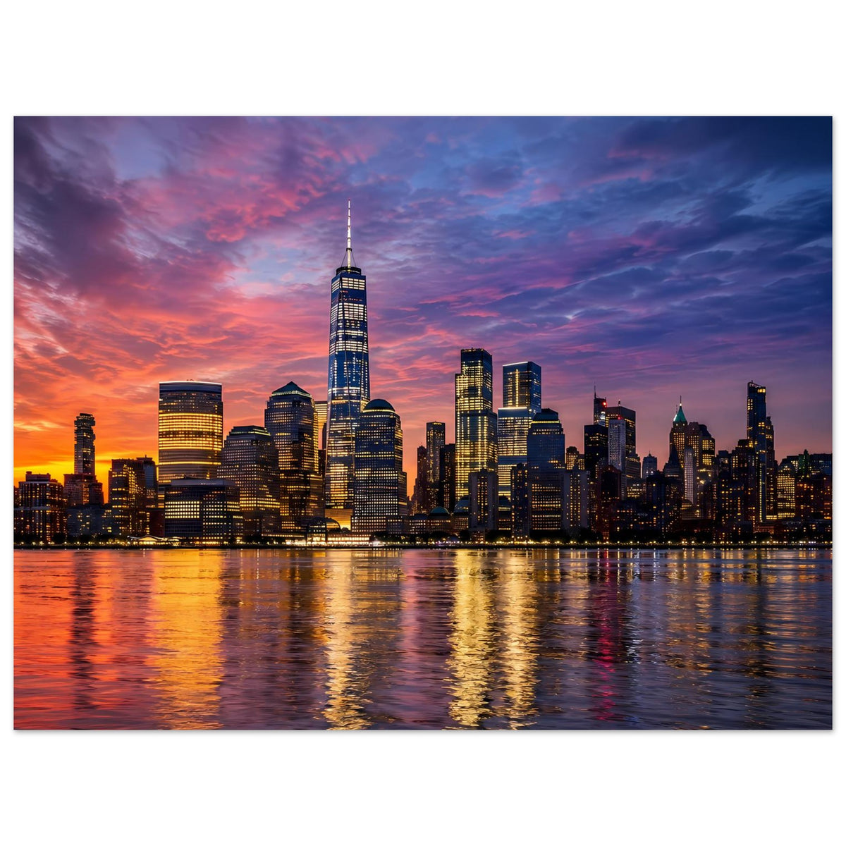 Stadtposter New-York-Skyline bei Dämmerung, markanter Turm, Spiegelungen auf dem Wasser