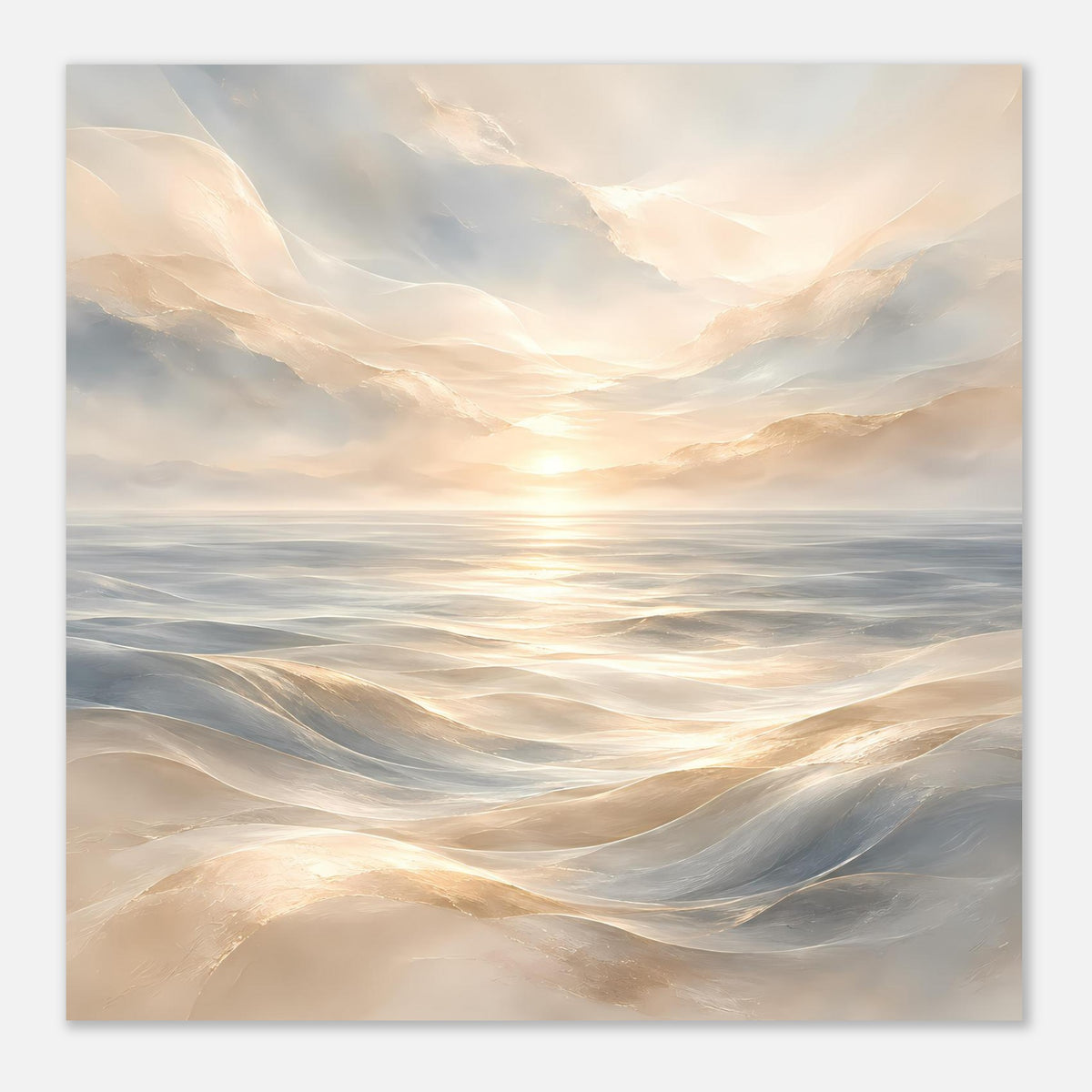Quadratisches Ocean-Poster mit sanften Wellen und Sonnenaufgang, in ruhigen Hell- und Blautönen