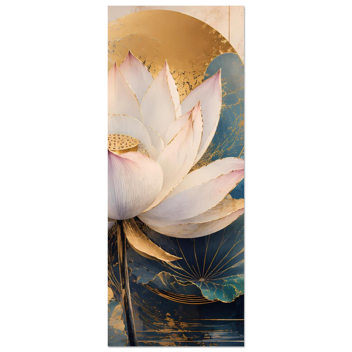 Lotusblumen-Poster (vertikal) mit weißer Blüte, goldenen Segmenten und blauem Blattwerk