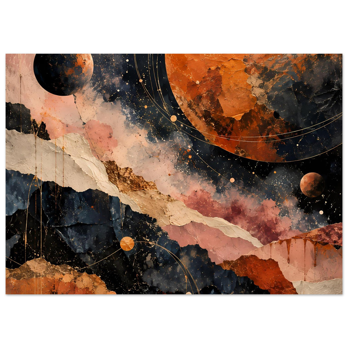Abstraktes Kosmos-Landschaftsposter, warmes Erdton-Design mit Planet, Ringbogen und Sternstaub