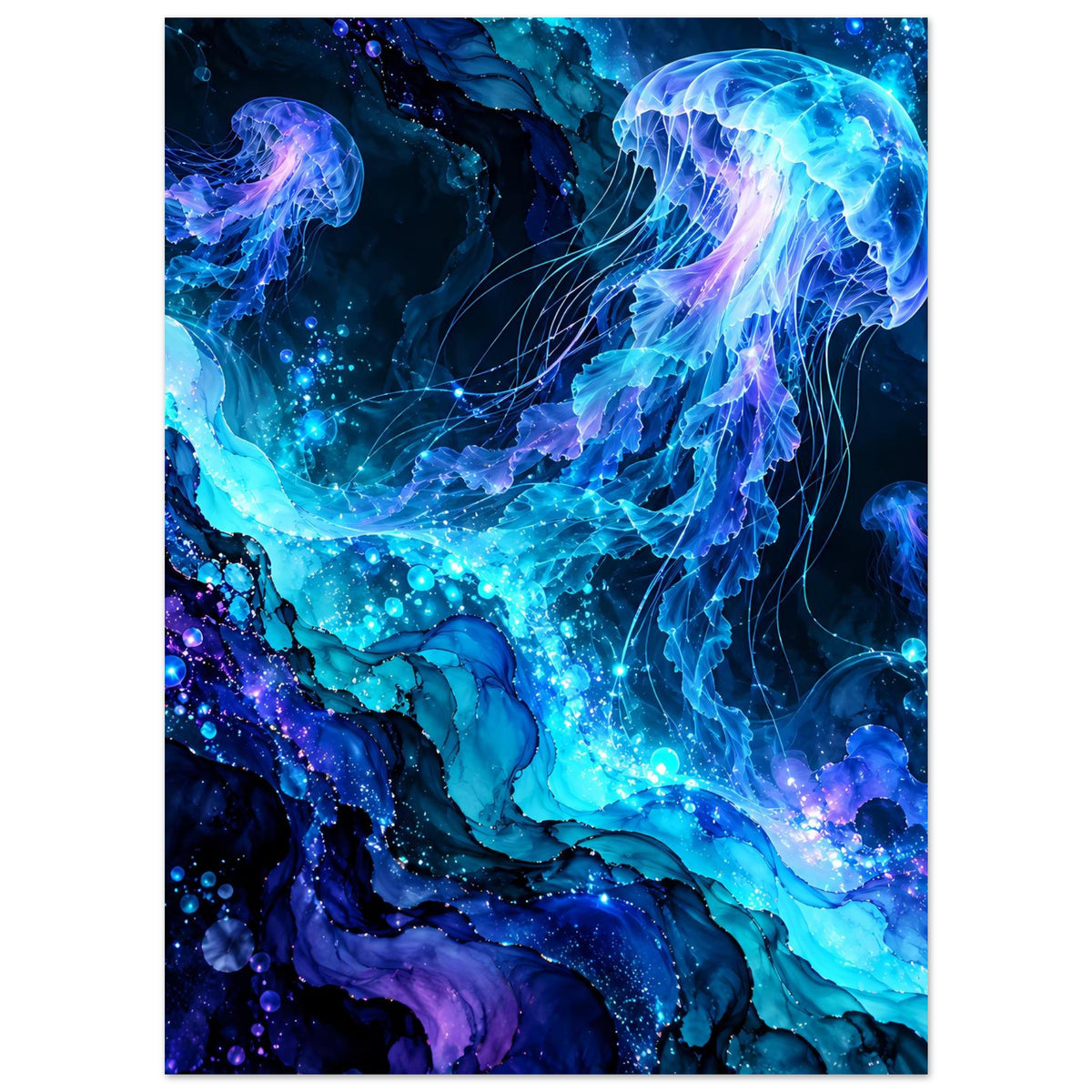 Leuchtendes Quallen-Poster mit großer zentraler Quallenform in Blau und Violett