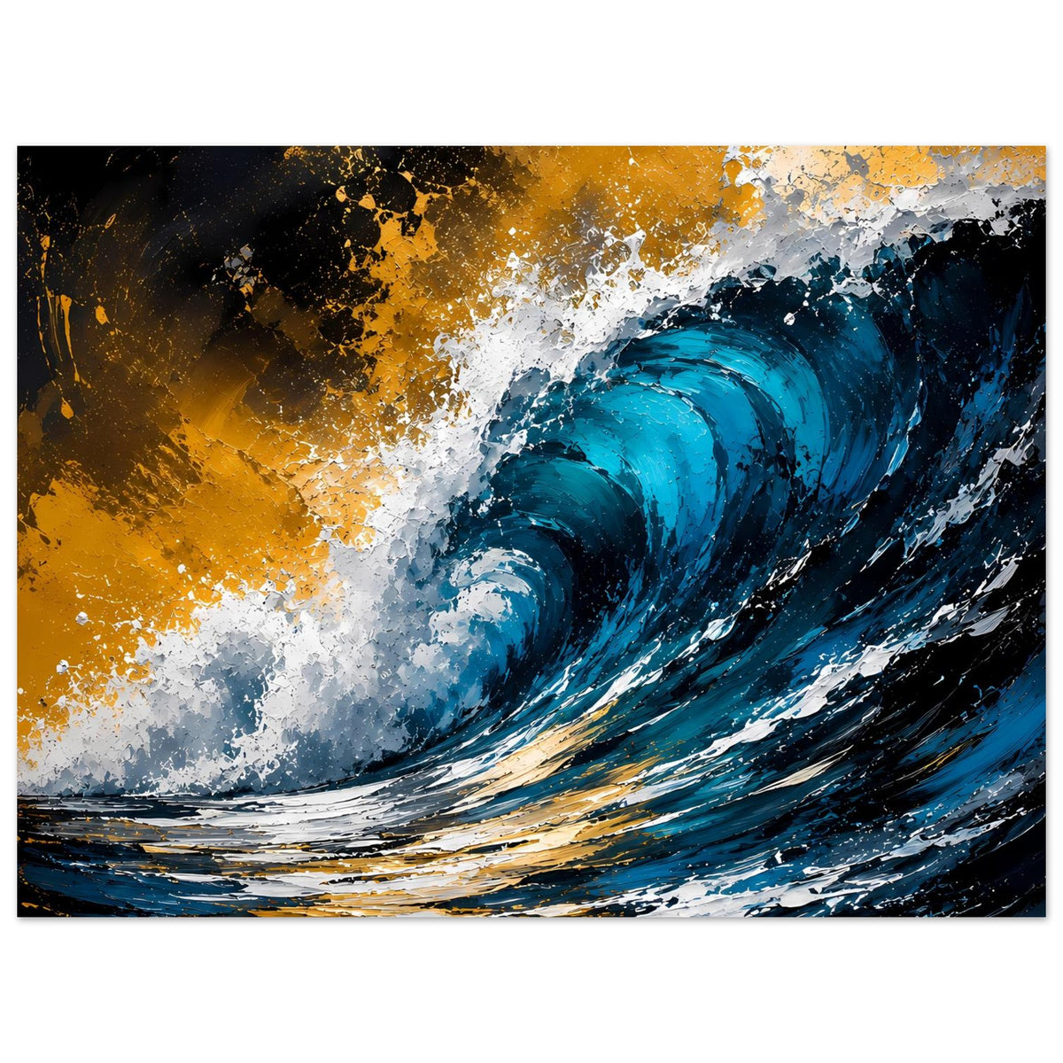 Horizontales Wellenposter: abstrakte blaue Meereswelle mit weißer Gischt, goldene Partikel
