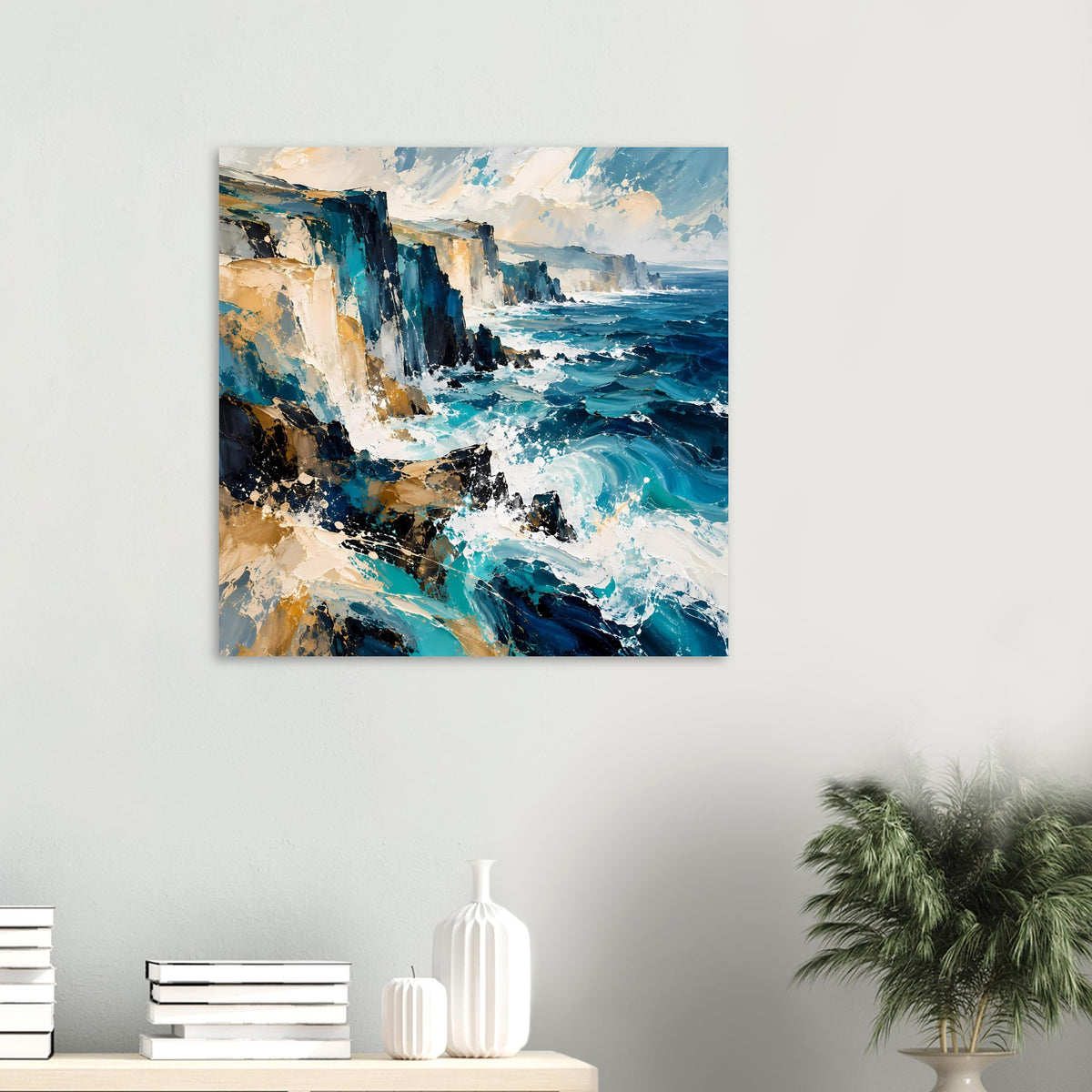 Kleines Poster mit Küstenwellen-Motiv: blaue/türkise Wellen, weißer Schaum, Felsen, Rahmen