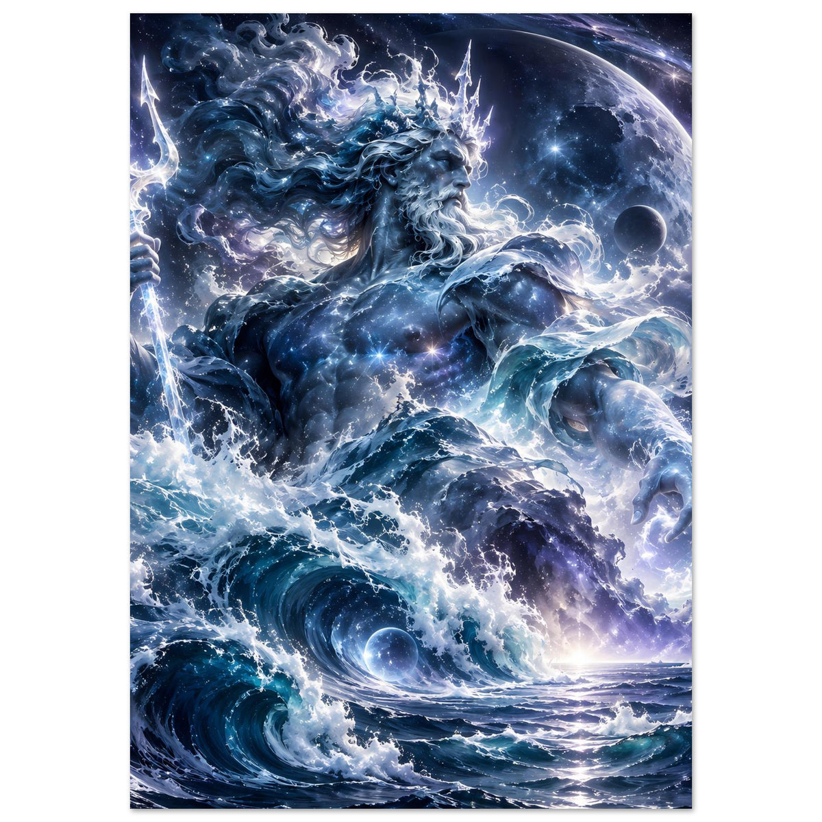 Poster im Hochformat mit blauem Fantasy-Meereswesen, planetenähnlichem Himmel und Sternen