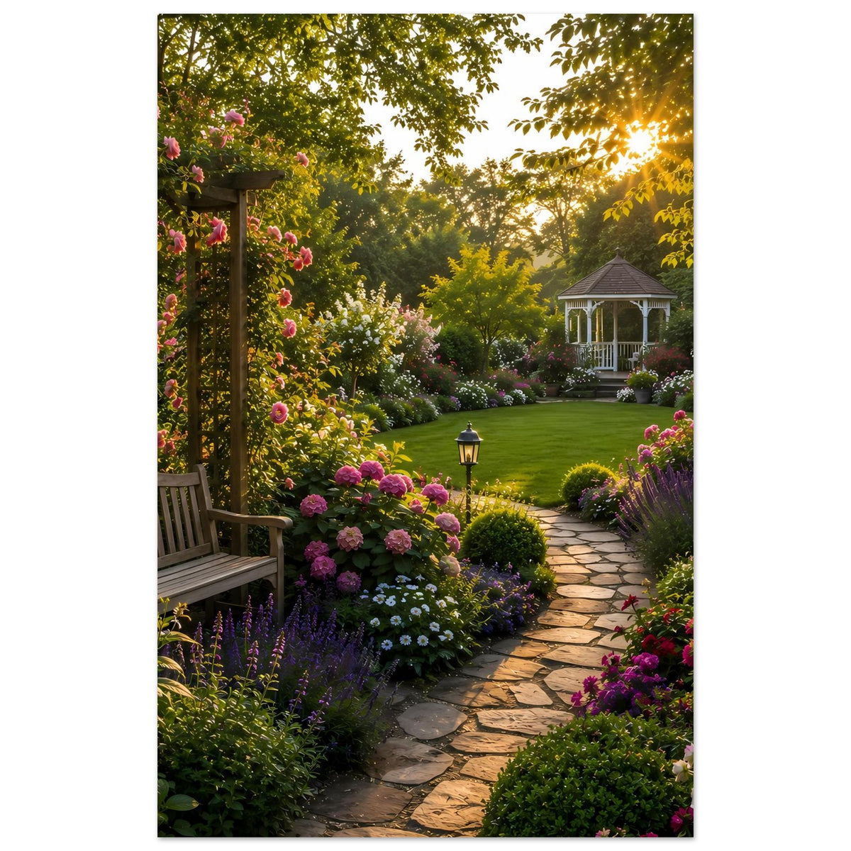 Hochformat-Poster mit Rosenrabatten, Steinweg, Gartenbank und Pavillon im Licht